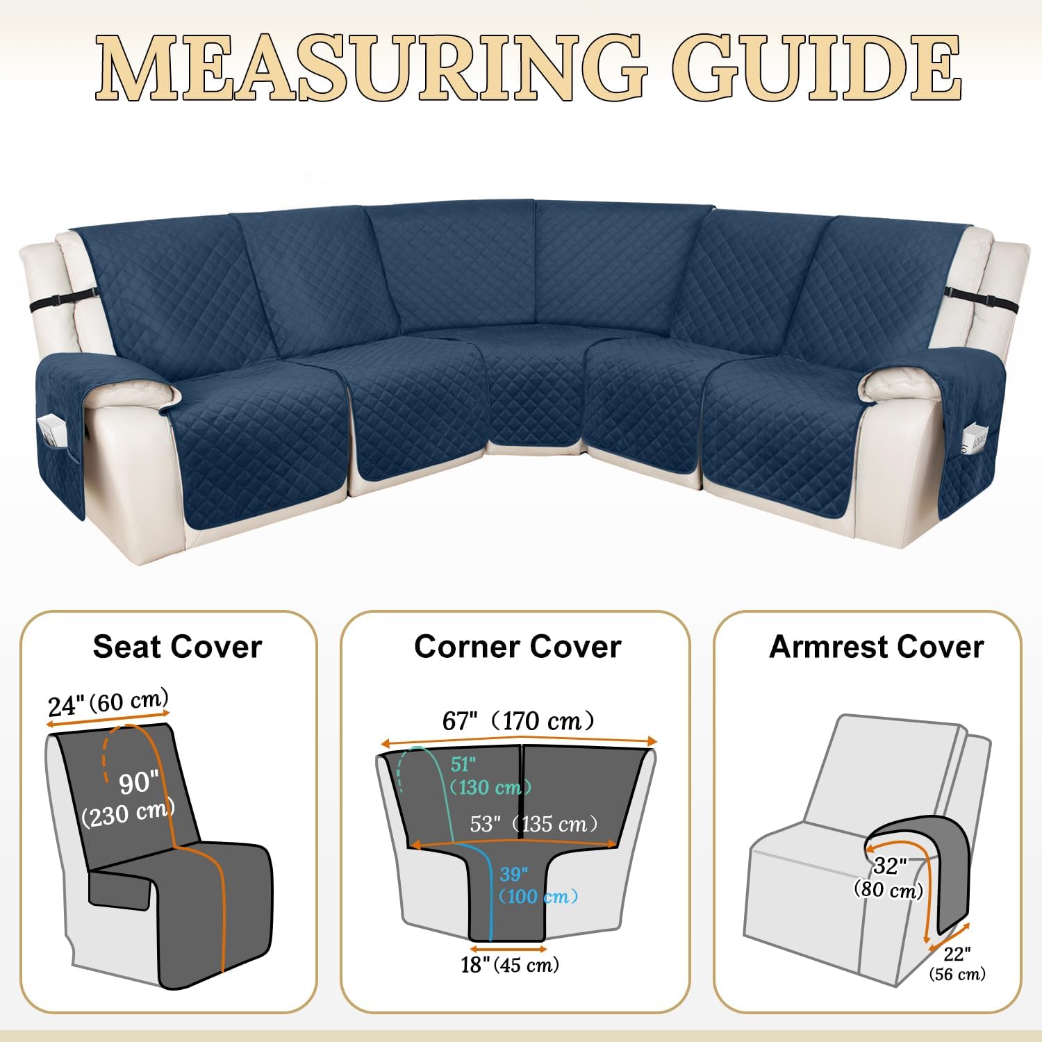 HDCAXKJ 100% Waterproof Velvet Recliner Sectional Couch Covers L Shaped Corner Reclining Sofa Cover Washable Thick Non Slip Sectional Slipcover with Pockets (5 Seat Recliner Couch, Dark Blue)