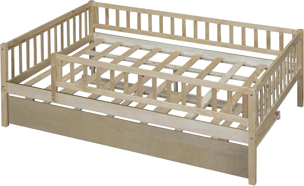 Montessori Bed Frame with Fence Railings and Trundle for Kids,Full Size Wood Low Platform Bed Frame with Full-Length Safety Guardrails for Boys Girls,No Box Spring Needed,Natural