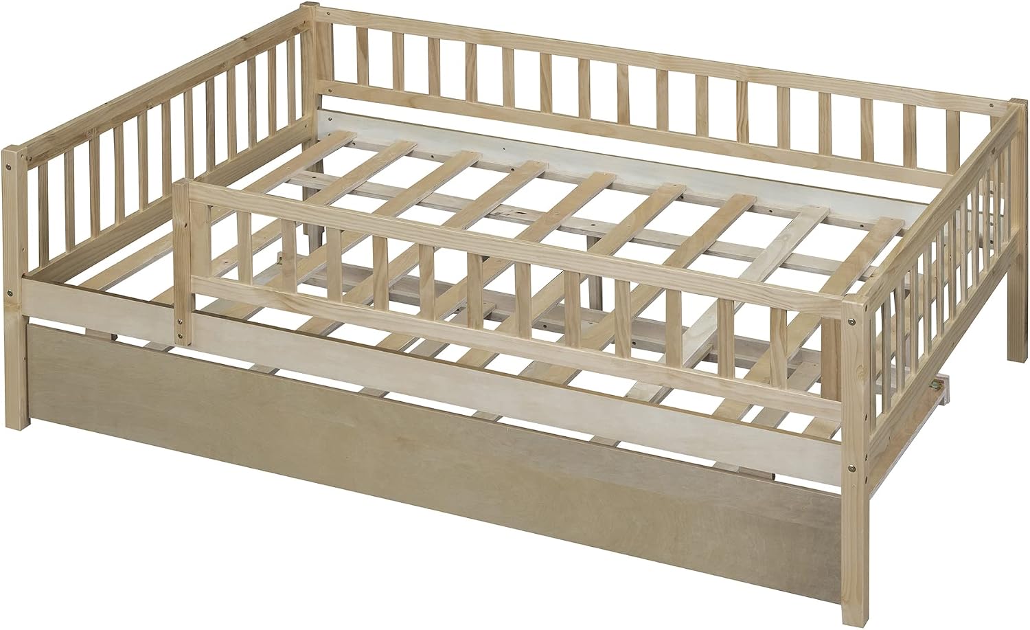 Montessori Bed Frame with Fence Railings and Trundle for Kids,Full Size Wood Low Platform Bed Frame with Full-Length Safety Guardrails for Boys Girls,No Box Spring Needed,Natural
