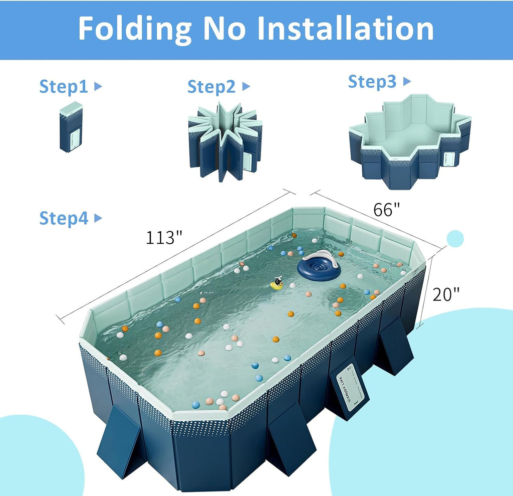 WIRHAO Foldable Non-Inflatable Kids' and Adults' Outdoor Swimming Pool Hard Plastic Shell Kid Pool for Backyard Dog Pools (113' x 66' x 20')
