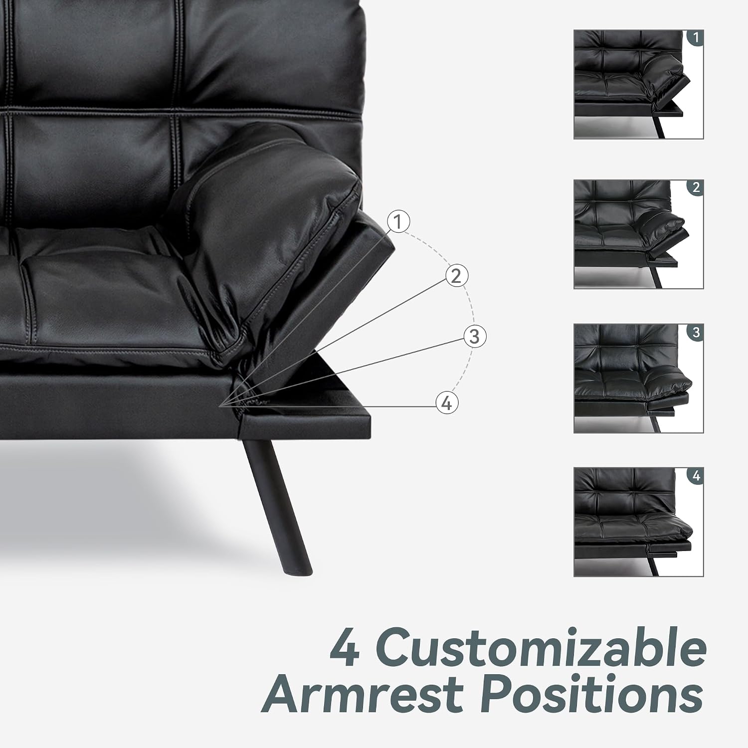 Futon Sofa Bed Convertible Couch, Black Faux Leather Sofa Bed with Memory Foam, Adjustable Backrest & Armrests, Multifunctional Small Loveseat Sleeper Sofa for Living Room, Apartment, Office