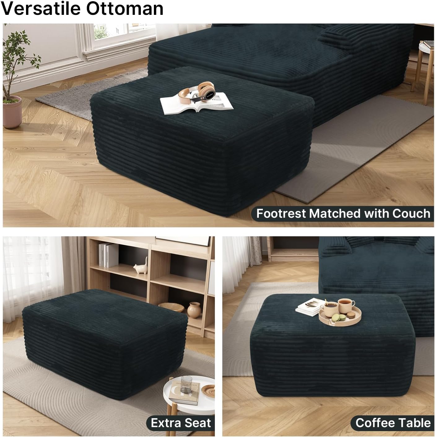 37'' Oversized Ottoman Bench, Plush Corduroy Poufs Foot Tool, Fluffy Boneless Couch Footrest Padded Seat, Seat Cube for Living Room No Assembly (Black)