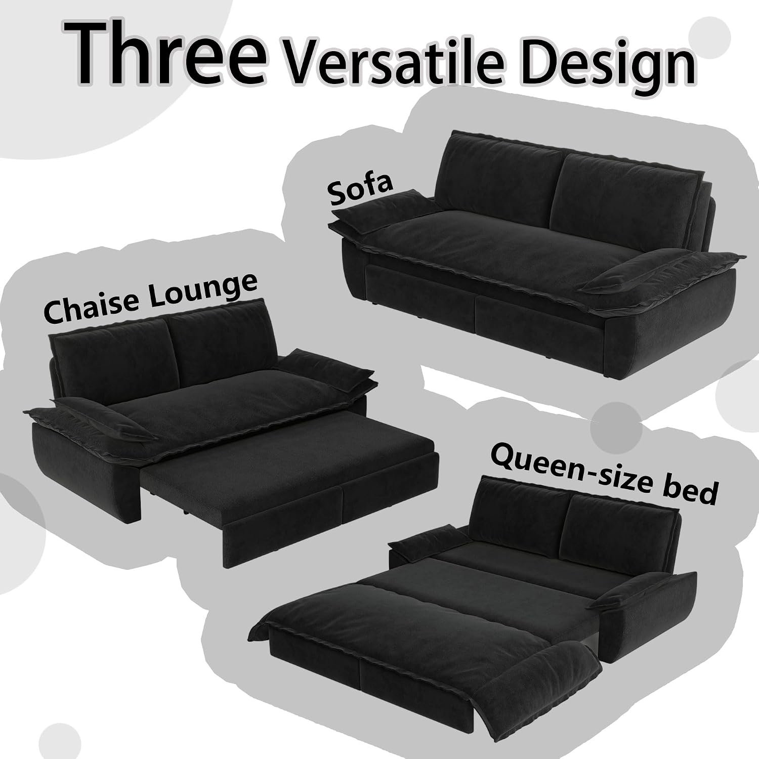 73.2' Queen Size Pull Out Sofa Bed, 3-in-1 Convertible Sleeper, Velvet Loveseat for Living Room, Apartment, Bedroom Small Spaces, Black (Mattress & Bedding Not Included)