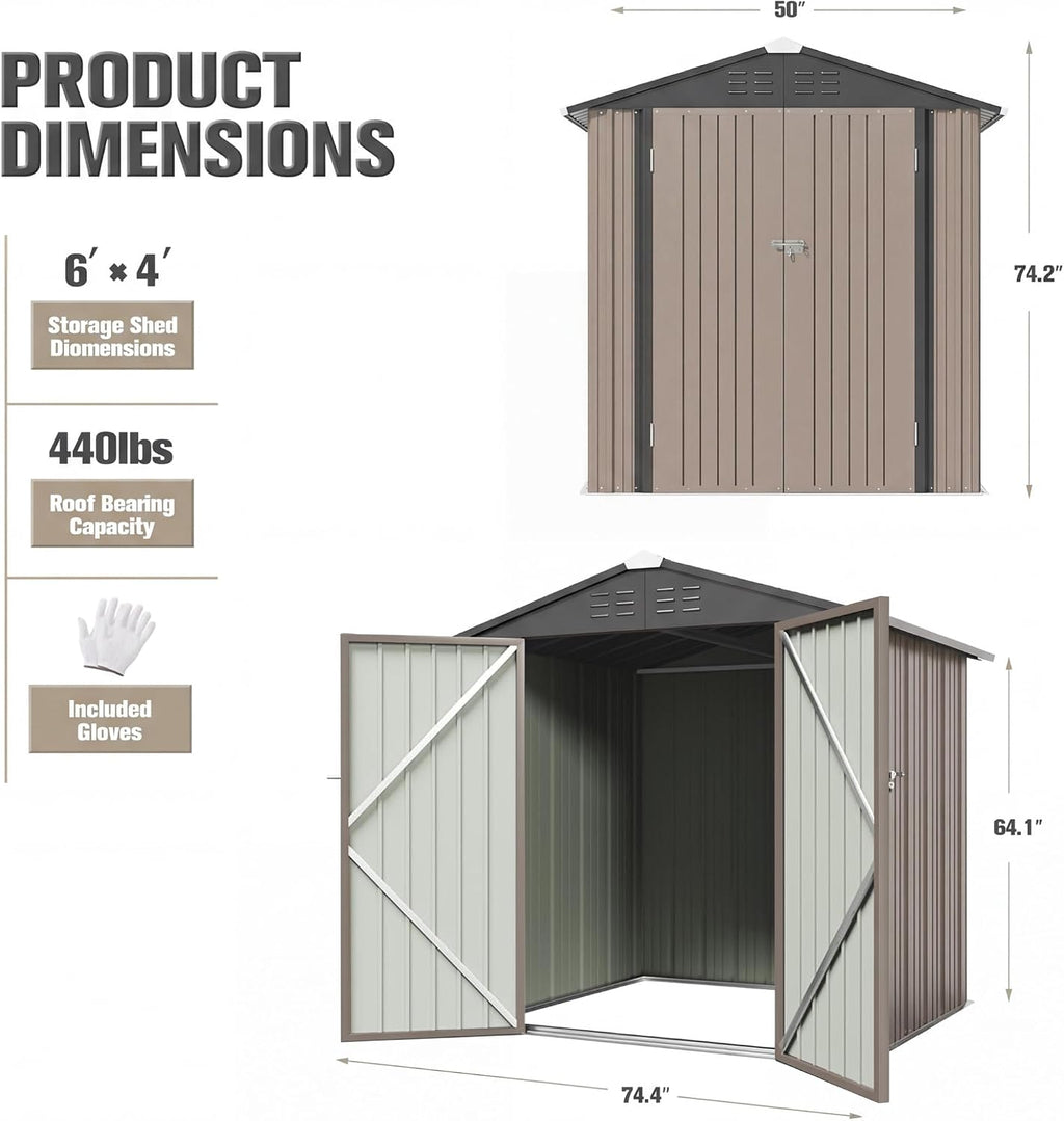 JUMMICO Metal Outdoor Storage Shed 6 x 8 FT Metal Shed with Lockable Door,Waterproof Garden Tool Shed Storage House for Backyard Patio Lawn,Brown