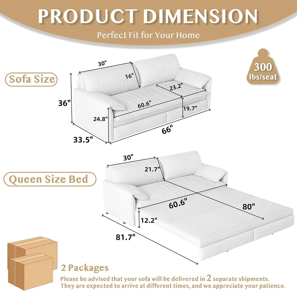 66' Sleeper Sofa Bed Queen Size, 3-in-1 Convertible Couch, Modern Pull Out Couches, Comfy Velvet Futon Sofa, Cloud Loveseat Lounge, Pillow Arm, for Small Spaces, Living Room, Apartment, Blue