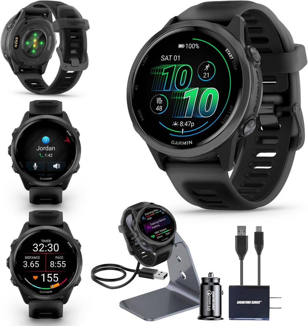 Garmin Forerunner 570 42mm GPS Running Smartwatch, Black | Advanced Training & Recovery, Sleep Coach, Heart Rate, Download Music, Up to 10 Day Battery | Signature Series Charging Stand Bundle