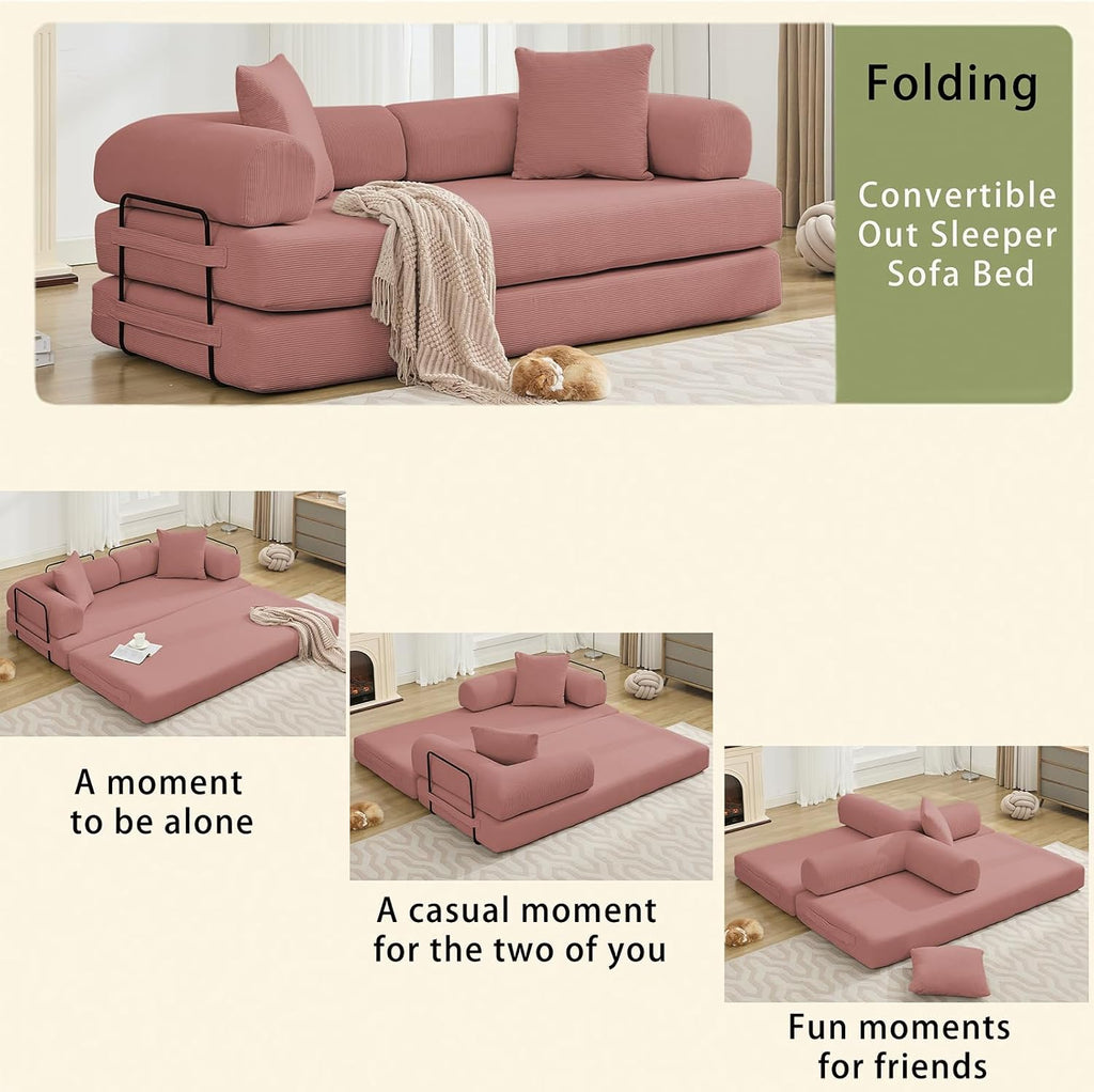 Convertible Folding Sofa Bed, Modular Floor Sofa with Removable Backrest, 3-Seater Fold Out Couch Bed with Pillows, King Size Futon Lazy Couch Corduroy Sleeper for Living Room, Dorm, Dark Pink