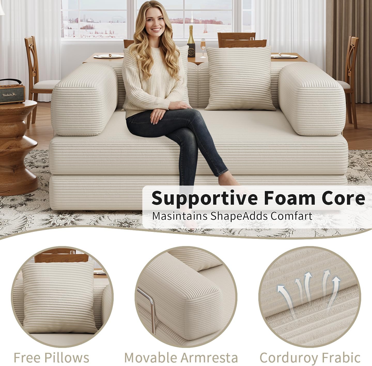BSHOMGI 4 in 1 Futon Sofa Bed Queen Size - Foldable Convertible Sleeper Sofa Couch, Removable Washable Corduroy Cover, Space Saving Floor for Living Room (Beige, 53.15' Double Sofa)