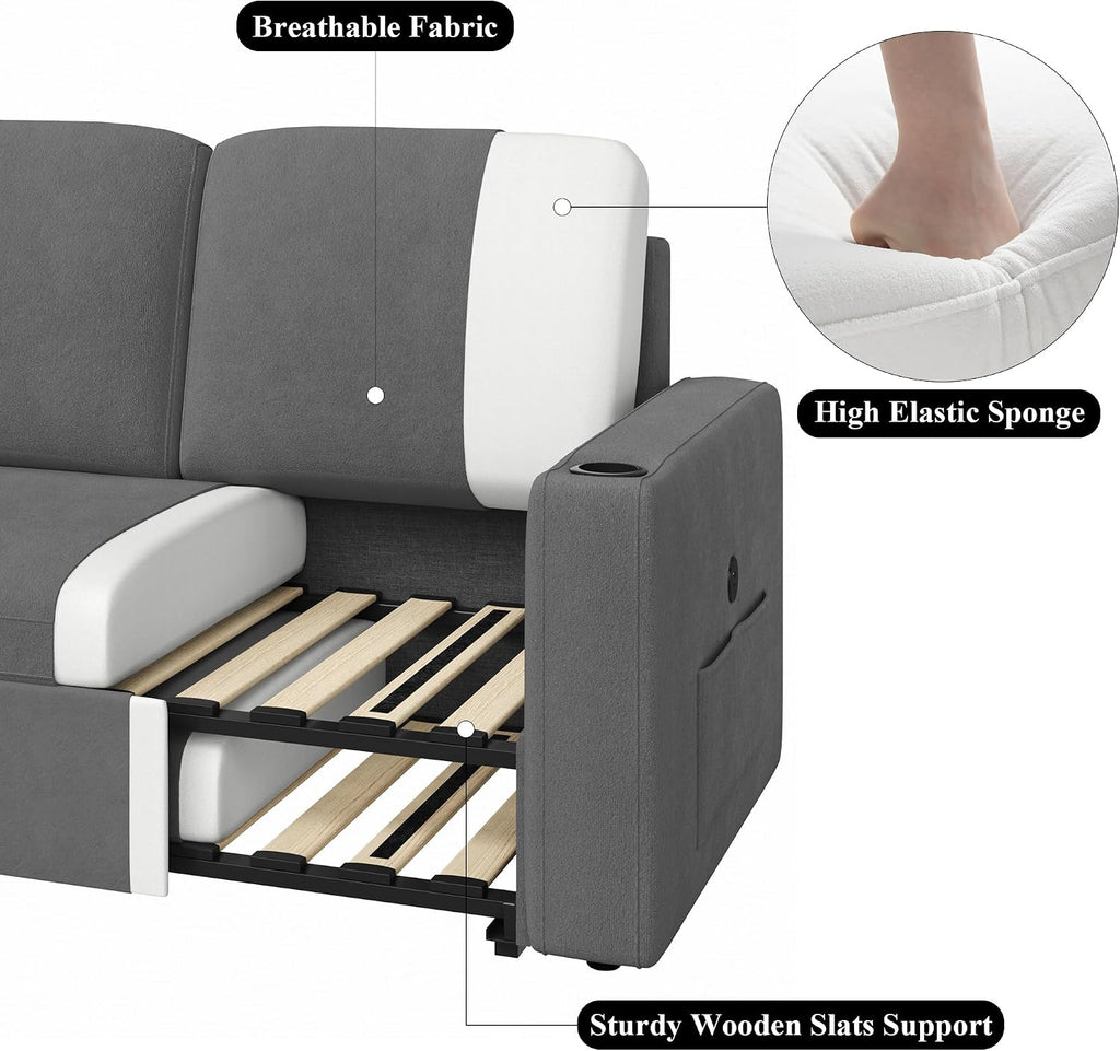 Keyluv 87' Pull Out Sleeper Sofa Bed with Storage Chaise, Reversible 2 in 1 Sectional Sofa Bed with Charging Station and Cup Holder, L-Shaped Sofa Couch for Living Room, Velvet Dark Gray