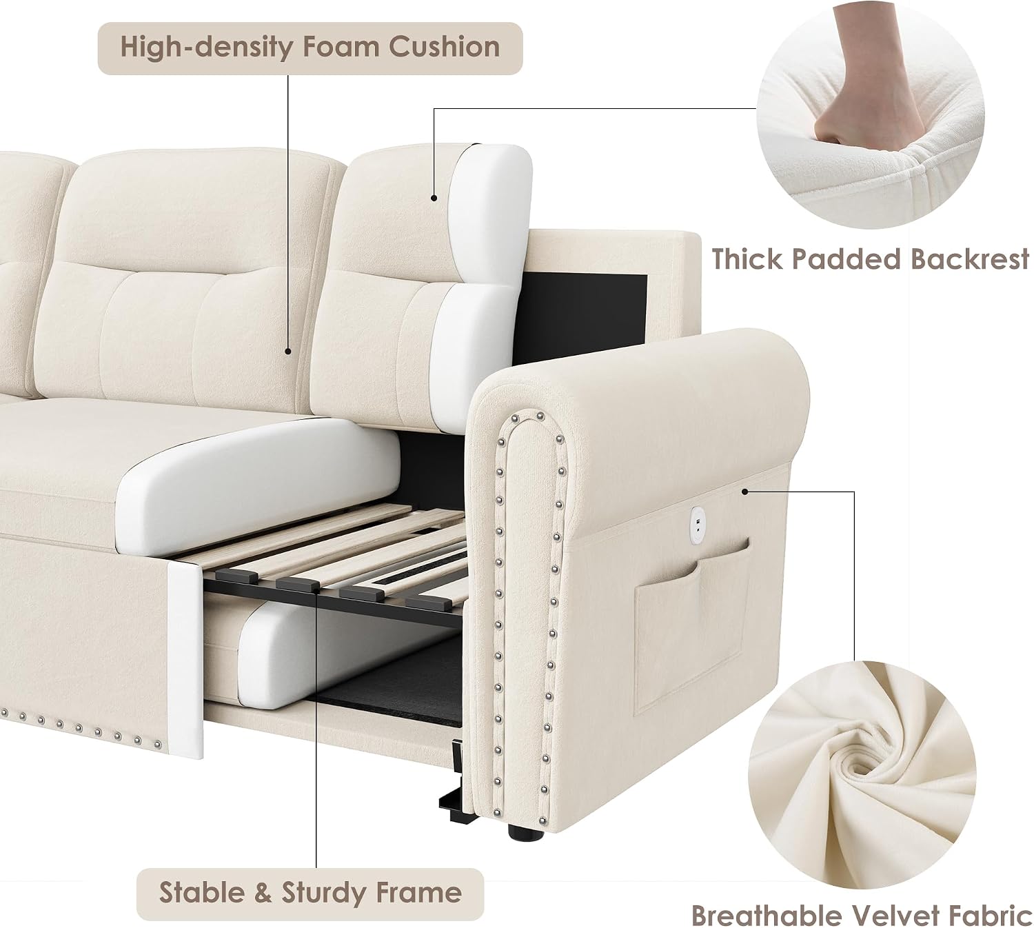 Sleeper Sofa Bed, 83'' Pull Out Couch Bed with Reversible Storage Chaise & Nailhead Armrest, Sectional Couches for Living Room, Side Pocket & Charging Station, Removable Backrest, Velvet Fabric, Beige