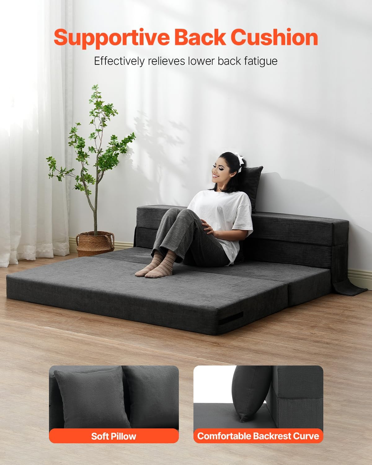 VEVOR Folding Sofa Bed, 3-in-1 Foldable Couch Bed with 2 Pillows and Washable Cover, 25D High Density Memory Foam Convertible Sleeper Chair Bed, Futon Couch for Living Room, Bedroom, Dark Grey(Queen)