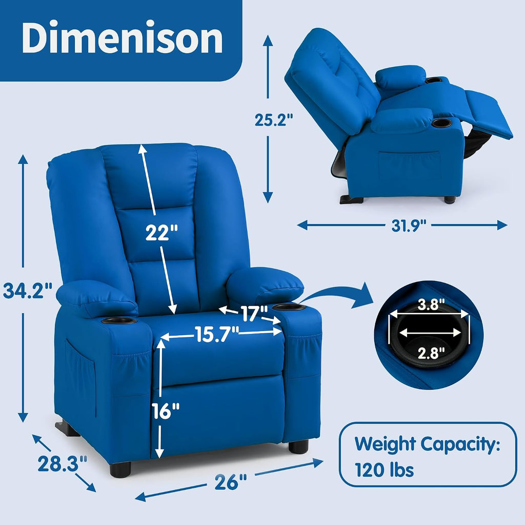 MCombo Big Kids Recliner for Ages 3+, Child Recliner Chair, Toddlers Recliner Sofa with Cup Holders, Faux Leather, 7322(Blue)