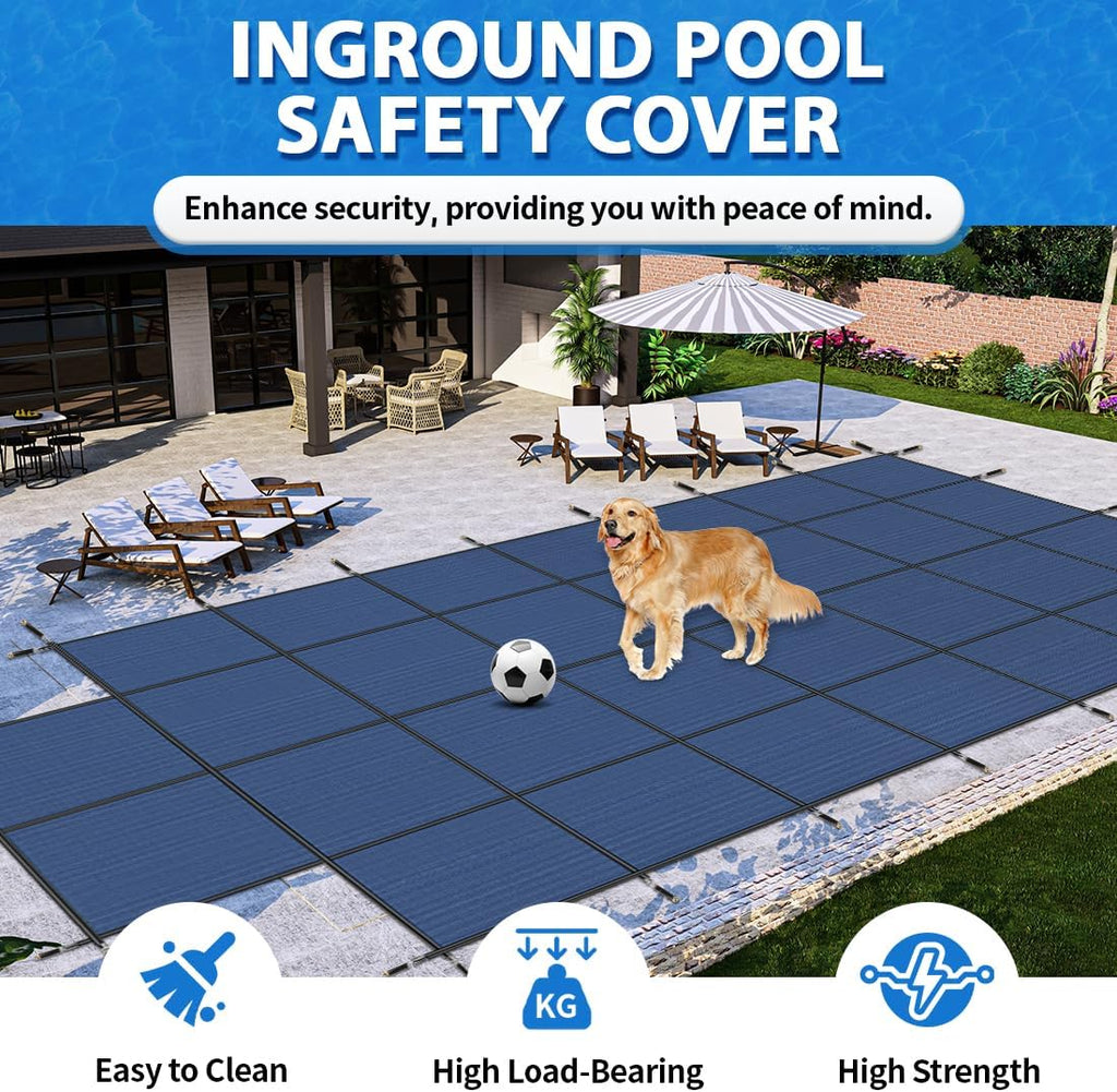 iCOVER Inground Pool Safety Cover, Fits 16x32ft Rectangular Pools with 4x8ft Center End Step, Winter Pool Covers for Inground Pools, Safety Pool Covers, Triple Stitched High Strength, Blue