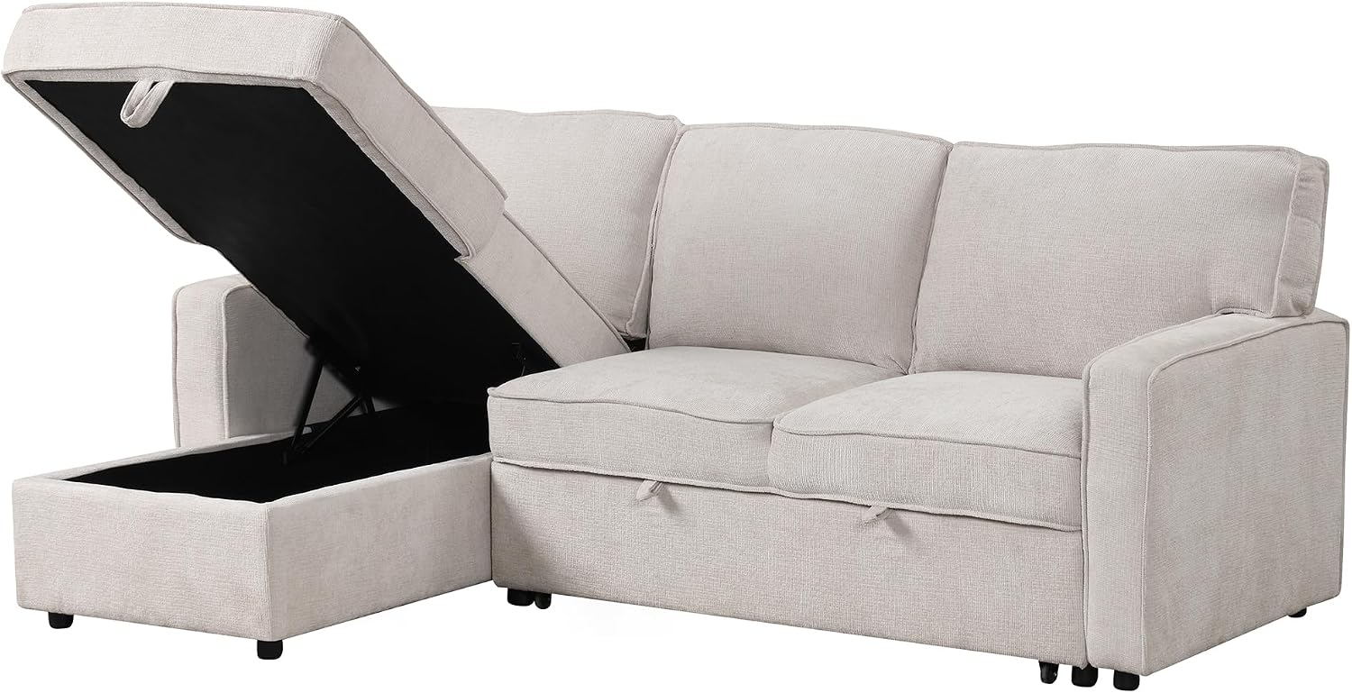 LUMISOL 89' Convertible Sleeper Sofa Bed, Modern L-Shaped Sectional Sofa Pull Out Couch with Chaise, Chenille Sofa Bed with Cup Holder, USB Ports for Living Room, Small Apartment, Beige
