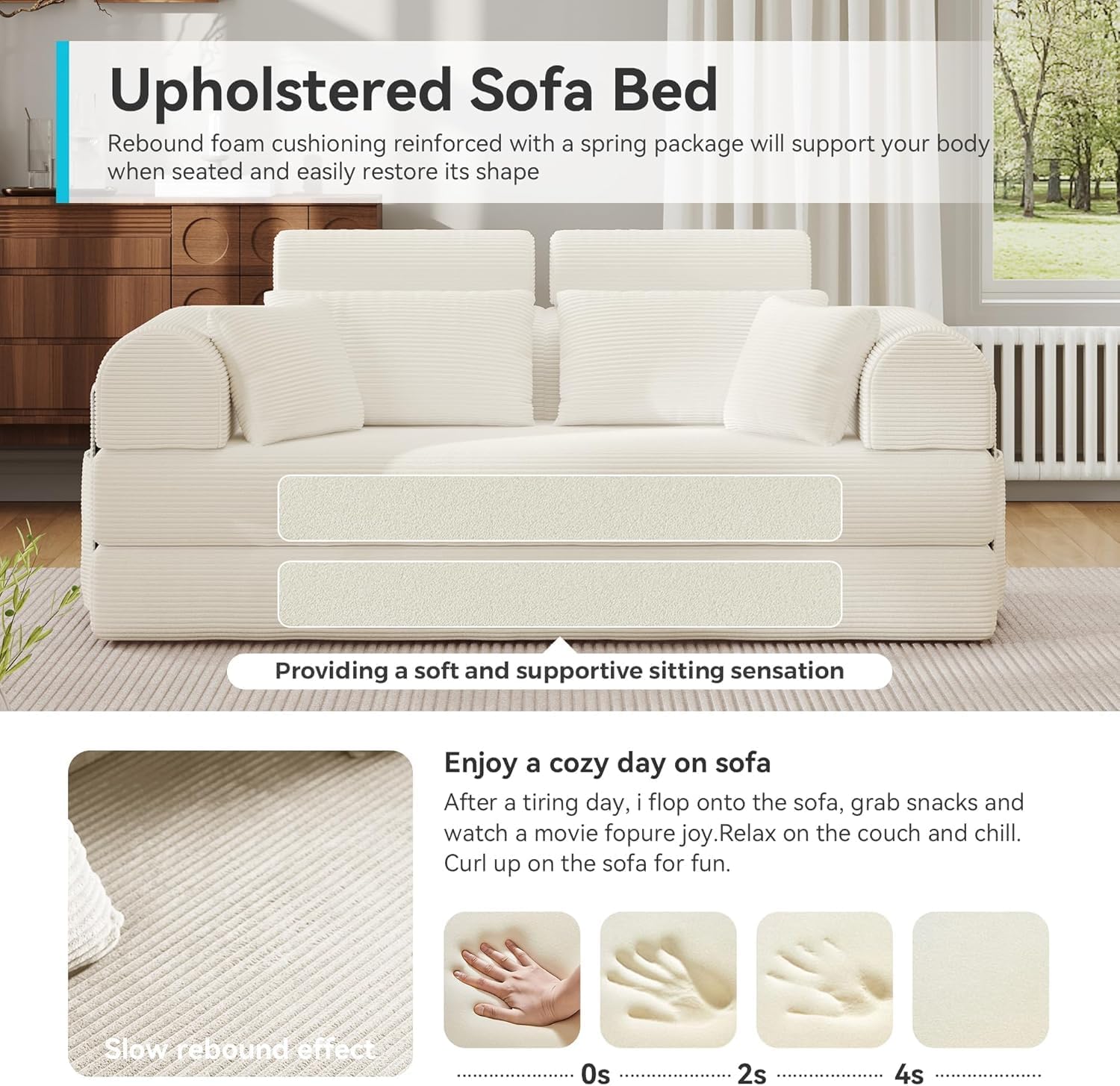 Upgraded 79' High Backrest Sofa Bed with Fixed Frame, Corduroy Fabric Convertible Couch for Small Spaces, Removable Armrests & Backrest, No Assembly Required (Beige White)