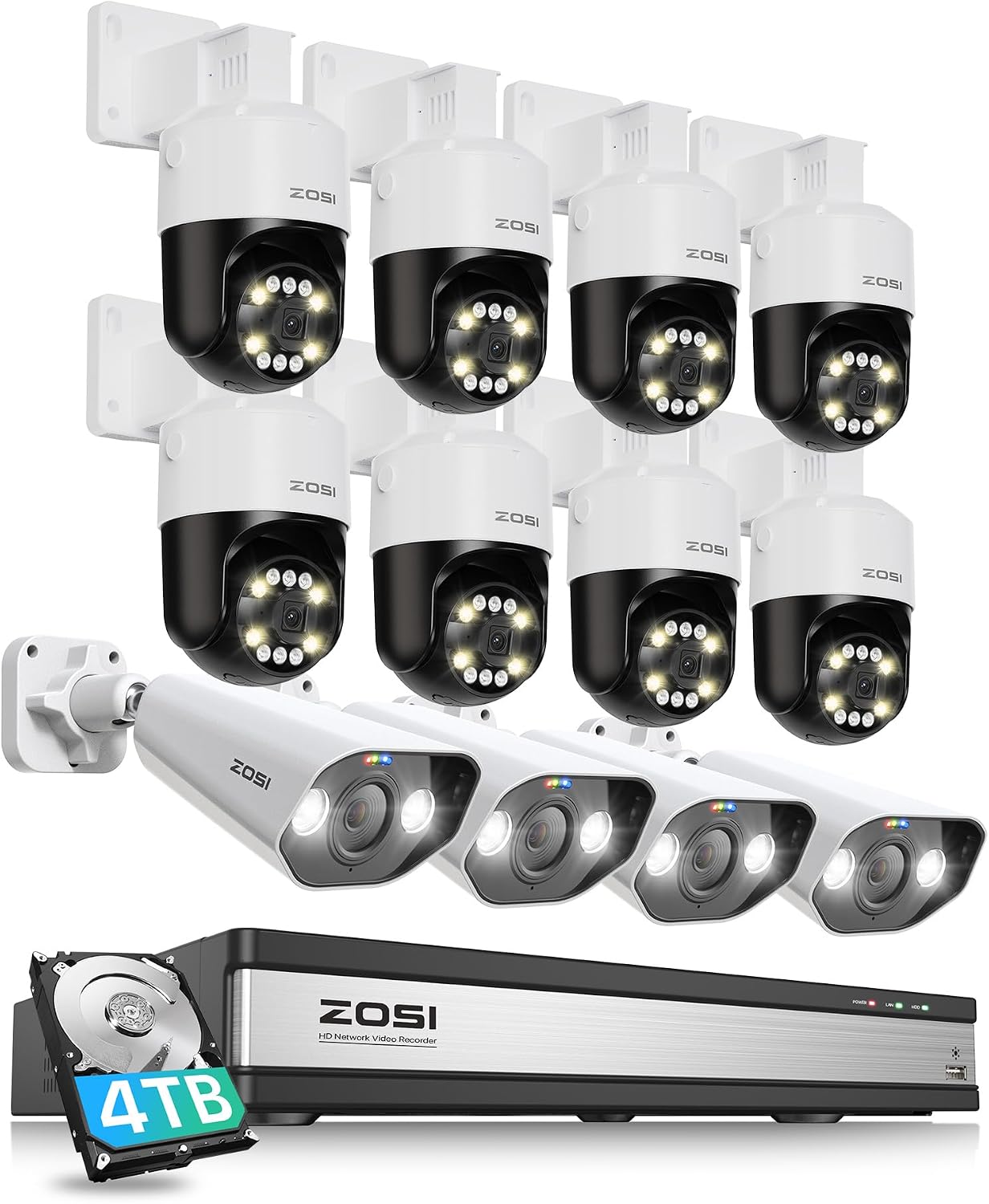 ZOSI 16 Channel 4K PoE Security Camera System with AI Face Person Vehicle Detection, 12 Wired 5MP 3K Outdoor Bullet PT PoE IP Cameras, 2-Way Audio, Spotlight, 5X Digital Zoom, 4TB HDD, 24/7 Recording