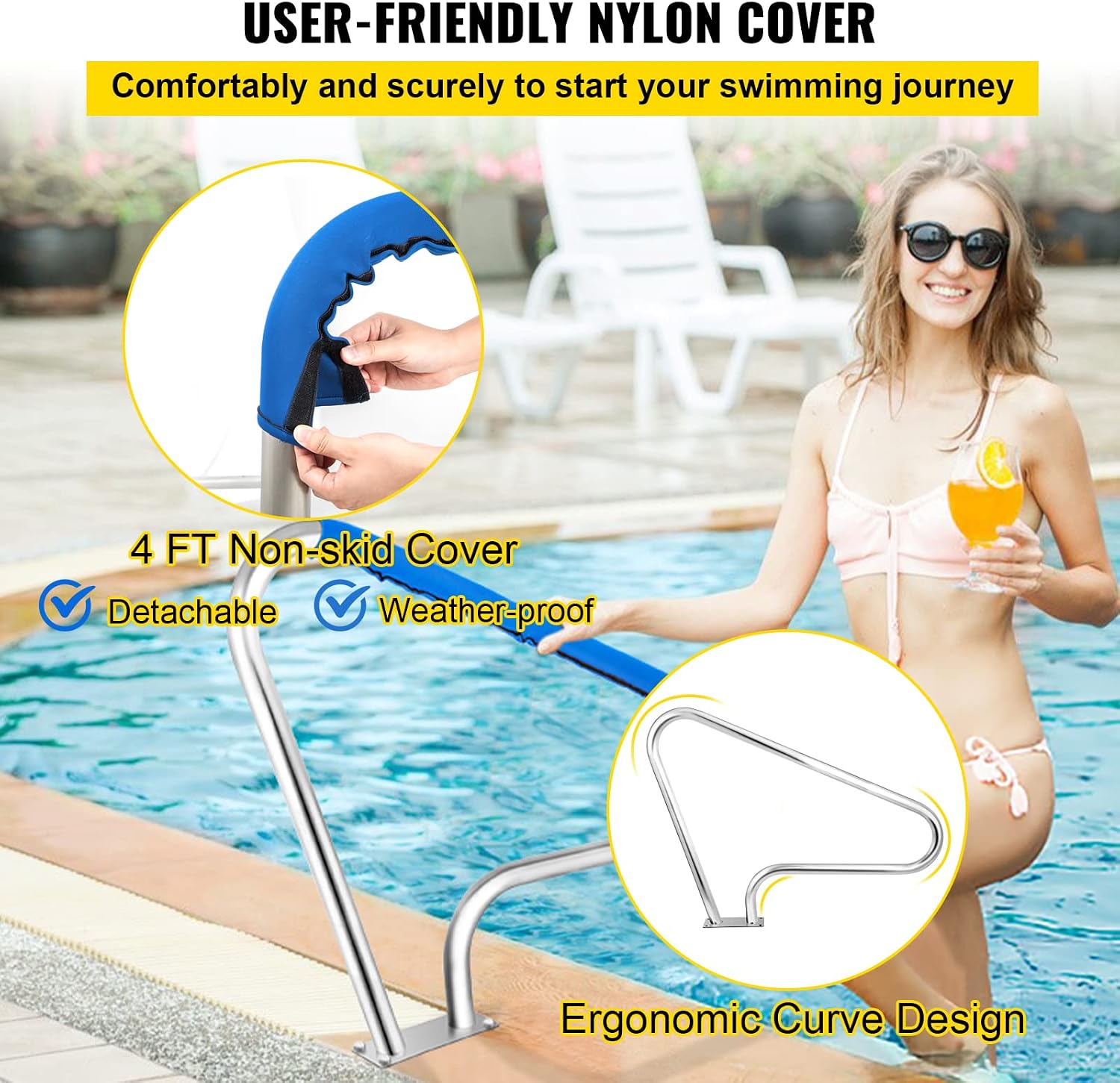 VEVOR Pool Rail 48x36 Pool Railing Brushed Stainless Steel 250LBS Load Capacity Silver Rustproof Pool Handrail Humanized Swimming Pool Handrail with Blue Grip Cover & M8 Drill Bit & Self-Taping Screws