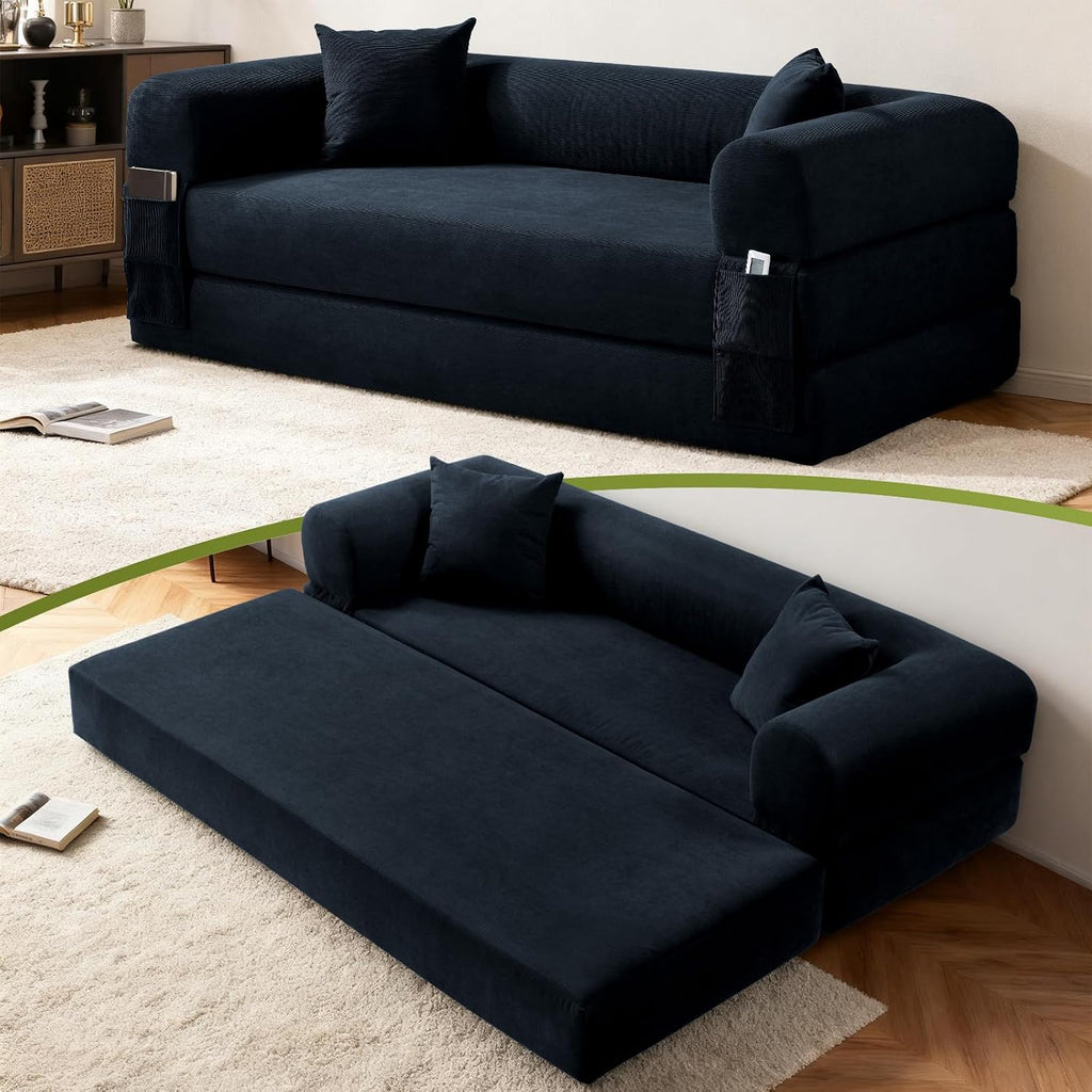 Convertible Sofa Bed Couch,80 Inch Boneless Couches for Living Room,Folding Sleeper Sofa Bed Queen with Storage,Corduroy Flod Out Couch Compressed Couch in a Box,Deep Blue