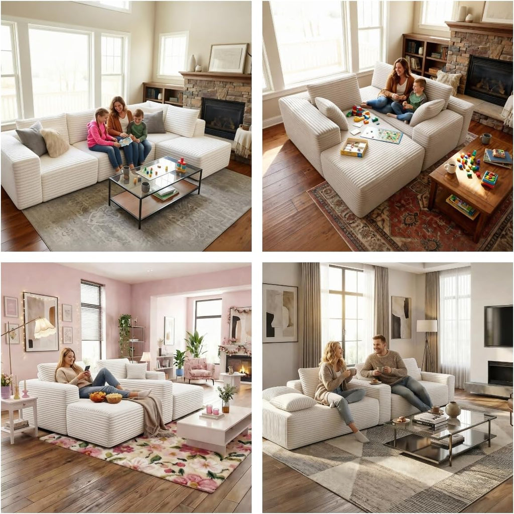 Oversized Boneless Couch for Living Room, Corduroy Fabric Cloud Couch, Modular Sectional Sofa, Modern Living Room Furniture with Ottoman, Memory Foam Sofa in a Box No Assembly