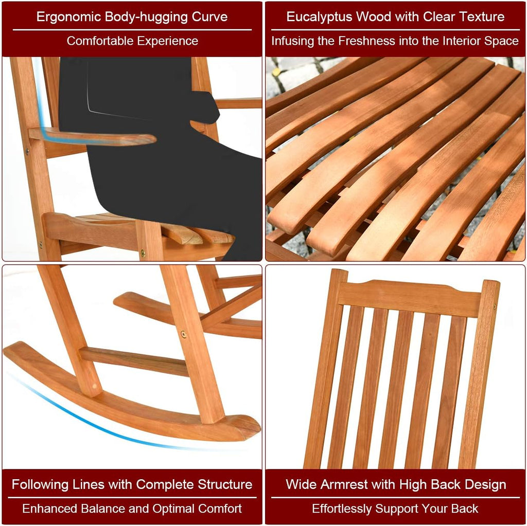 Giantex Porch Rocking Chair Outdoor and Indoor Use, Solid Eucalyptus Wood Rocker with Natural Finish, Front Porch Chairs for Patio Deck Garden, Wooden Rocking Adirondack Chair Set