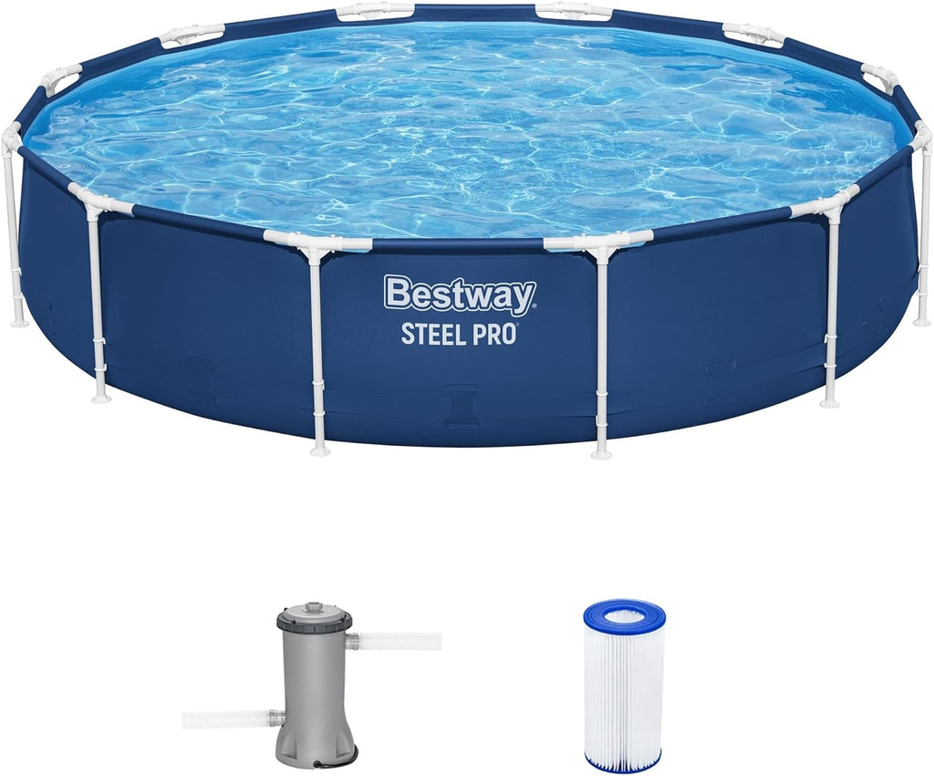 Bestway Steel Pro 12 feet x 30 inches Round Above Ground 1,710 Gallon Pool Set with DuraPlus Liner, 530 Gallon Pool Filter, and Repair Patch