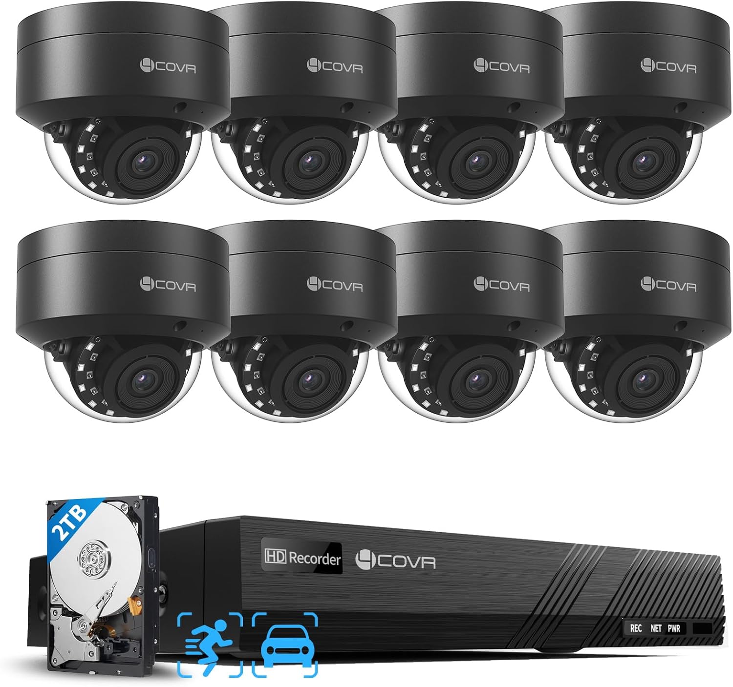 4COVR 8 Camera Security System, 8X 5MP IK10 Vandal-Proof IP67 Dome PoE IP Camera with Audio, 8 Channel NVR 2TB HDD, AI Human Vehicle Detection & IR Night Vision, 24/7 Home Recording, LY54AB5M0808
