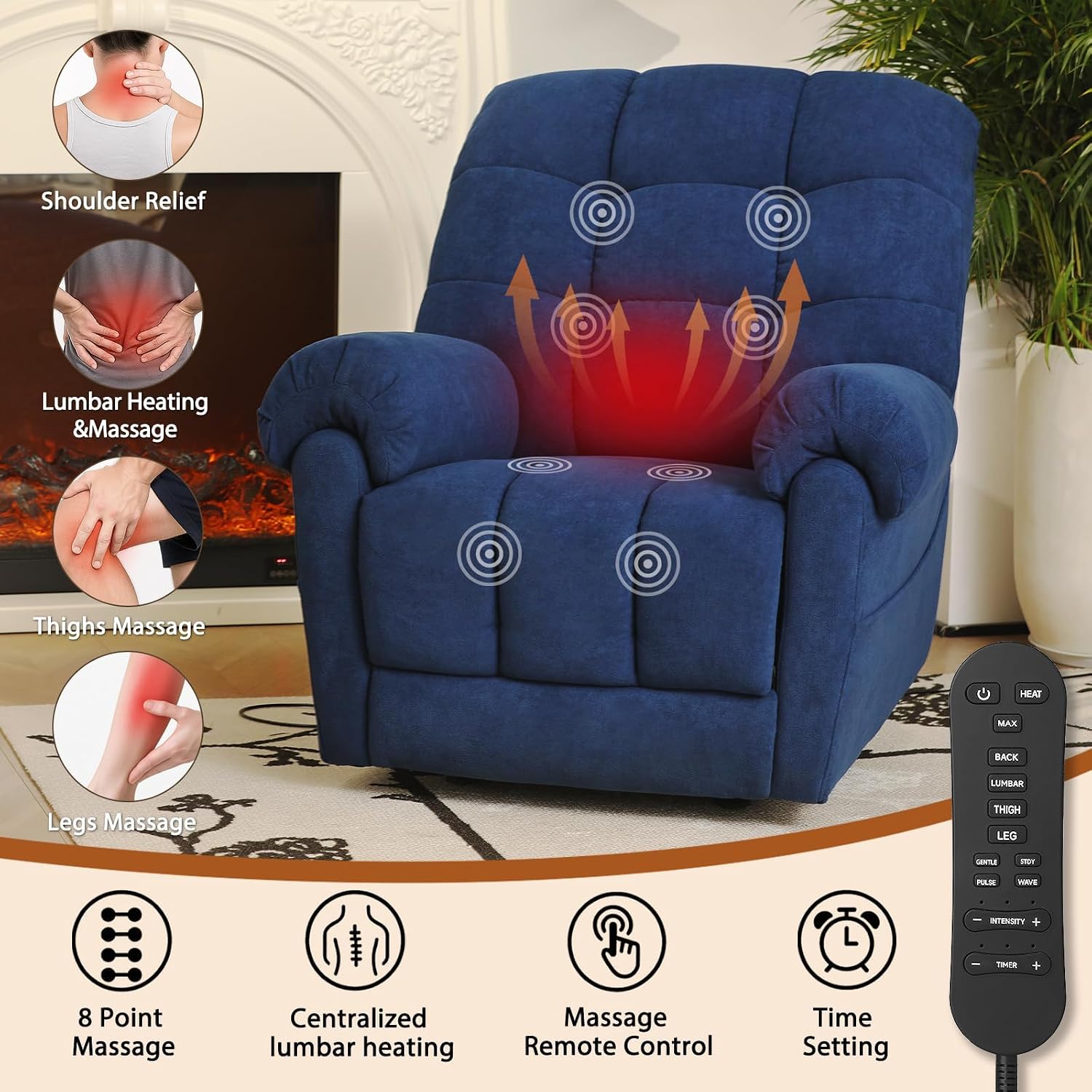 EONIX Power Rocker Recliner Chair, Lazy Boy Recliner Rocking Chair for Adults and Nursery, Electric Recliner Chair with Heat and Massage for Living Room, Bedroom, Study Room, Relaxation, Navy Blue