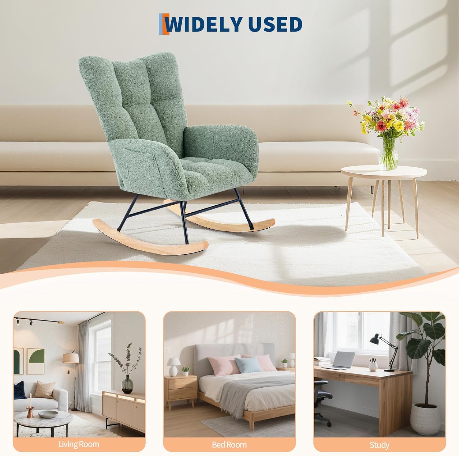 300lb Capacity Nursery Glider Rocker,Teddy Upholstered with Wood Legs for Living Room,Bedroom Nursery Includes Side Pockets