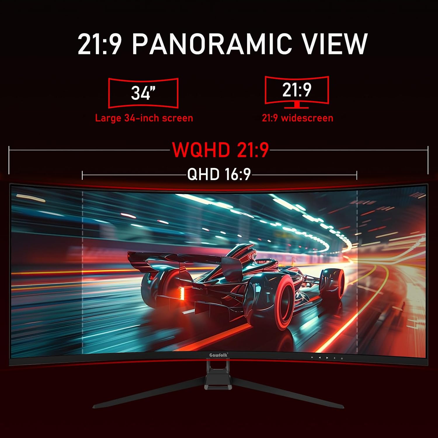 Gawfolk 34 Inch Ultrawide Curved 144Hz Gaming Computer Monitor 1500R PC Screen,21:9 UWQHD (3440x1440),Adaptive Sync,178° Viewing Angle,Display Port、HDMI2.0,Compatible with wall mounting - Black