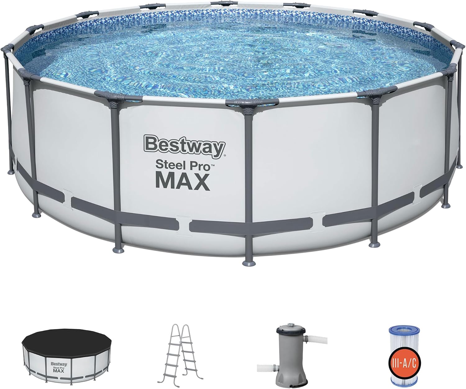 Bestway 7 Colored LED Waterfall Cascade Accessory Attachment & Steel Pro MAX 14' x 48' Round Outdoor Above Ground Swimming Pool Set with Pump