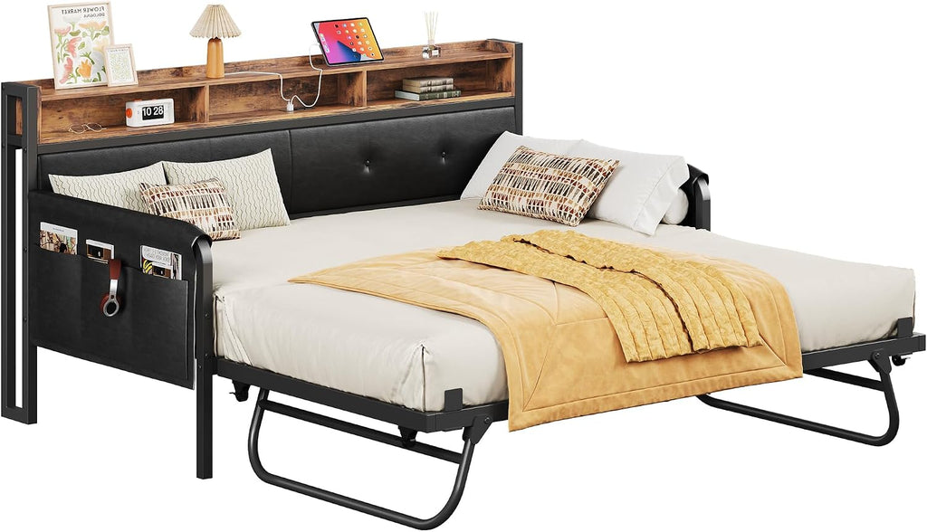 LIKIMIO Daybed with Trundle, Twin Bed Frame with Upholstered Headboard and Charging Station, Sofa Day Bed with Strong Supports for Living Room, Bedroom and Guest Room, Dark Black