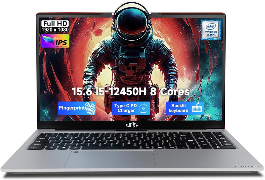 NIMO 15.6' FHD lPS-Business-Laptop, 8 Cores Intel i5-12450H 8GB RAM 256GB SSD (Beat i7-11800H, Up to 4.4 GHz) Student Computer with 100W Type-C Fingerprint Backlit Keyboard WiFi-6 Numpad Win 11