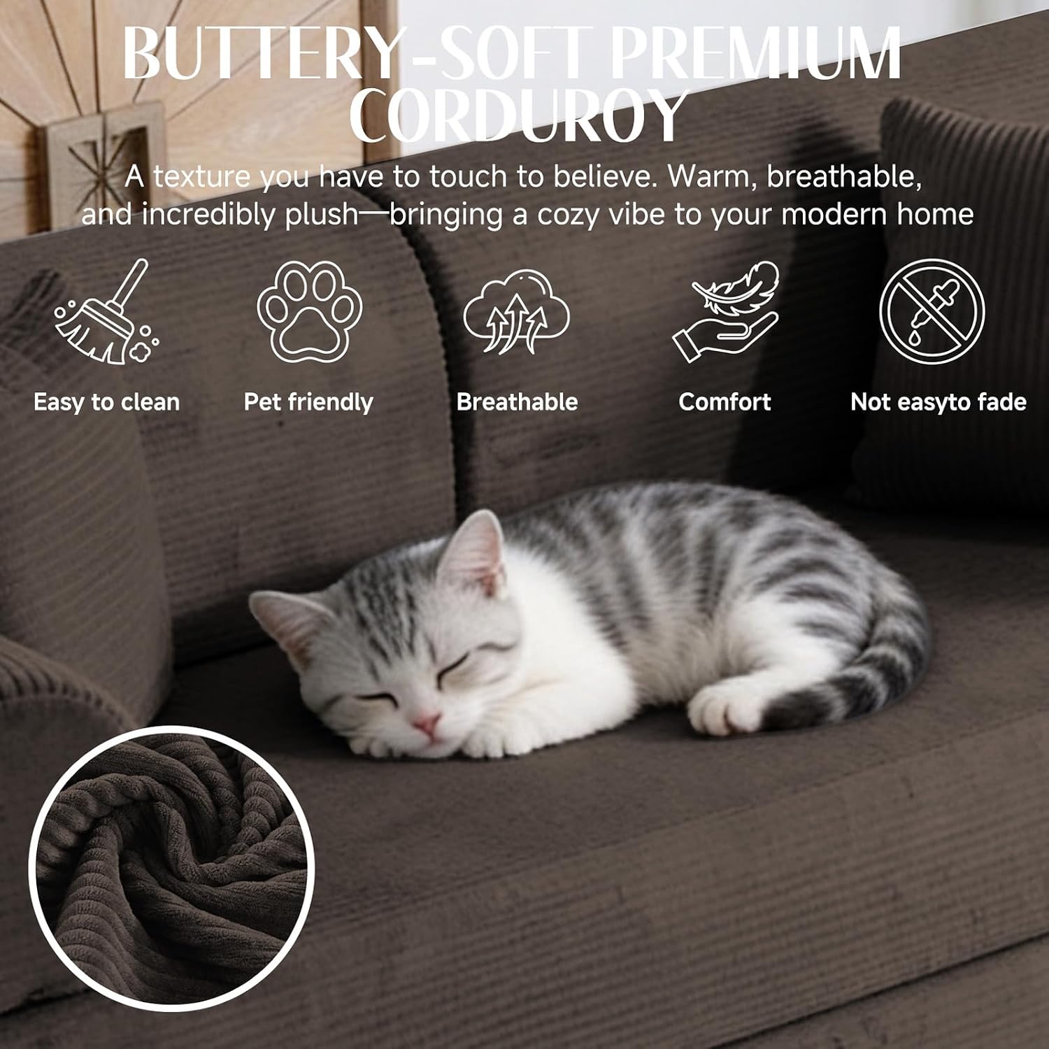 78.8' Convertible Sofa Bed with Detachable Arm Pillow, 6-in-1 Sectional Couches for Living Room, Corduroy Boneless Couch, Sleeper Loveseat Couch Bed, No Assembly, Brown Couch
