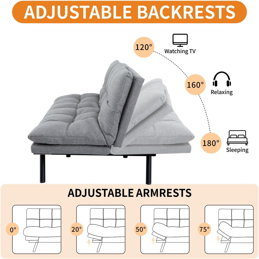 MUUEGM 71-Inch Convertible Futon Sofa Bed with Adjustable Backrest & Removable Armrests, Foldable Sleeper Loveseat for Small Space Living Room, Studio Apartment, Home Office，Light Gray