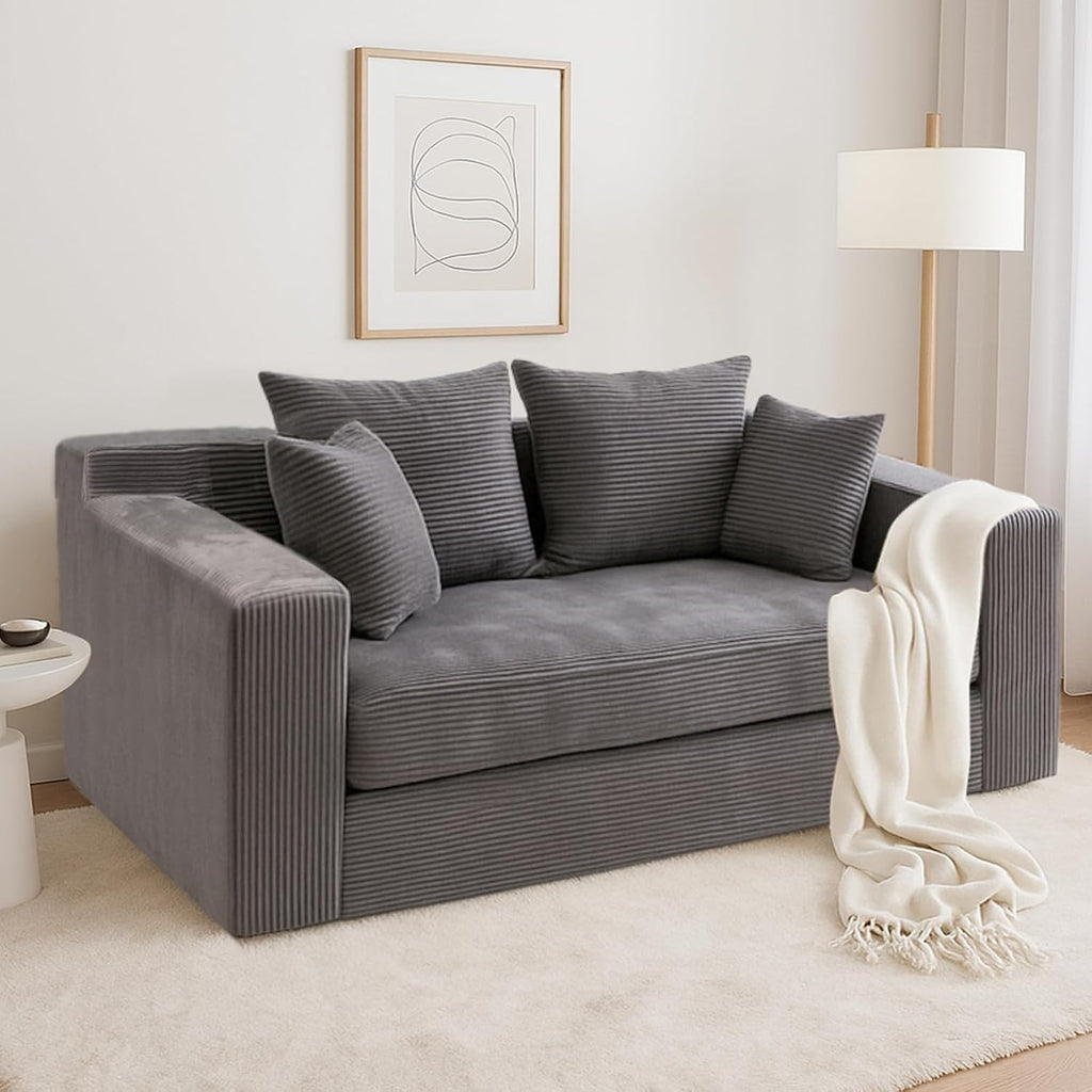 cidludto Convertible Sofa Bed, 3 in 1 Loveseat Folding Couch Bed Foldable - Boneless Couch & Floor Futon Sleeper, Corduroy Pull Out Sofa Bed with 4 Pillows for Living Room, Grey