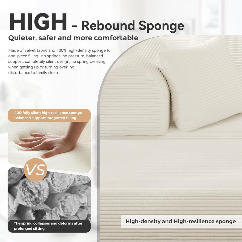Upgraded 79' High Backrest Sofa Bed with Fixed Frame, Corduroy Fabric Convertible Couch for Small Spaces, Removable Armrests & Backrest, No Assembly Required (Beige White)