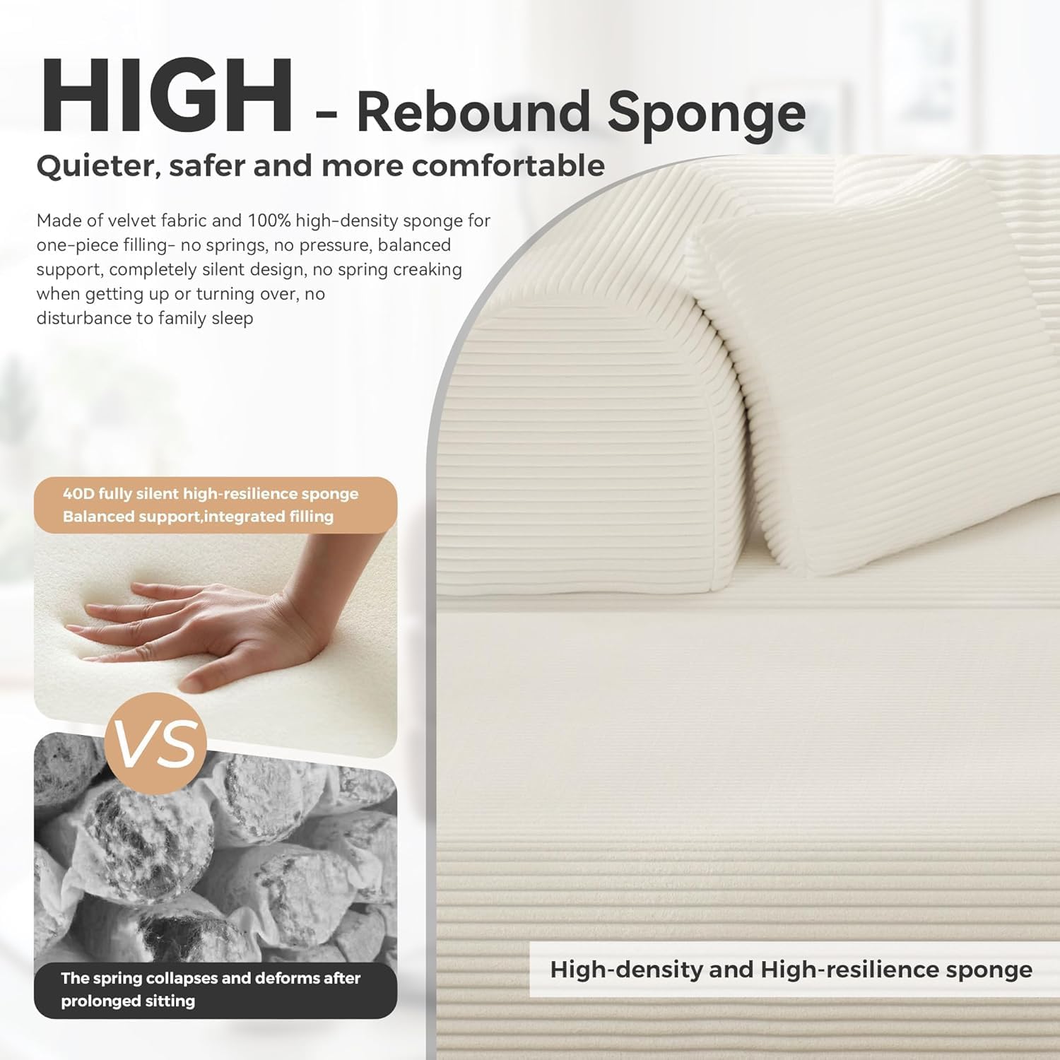 Upgraded 79' High Backrest Sofa Bed with Fixed Frame, Corduroy Fabric Convertible Couch for Small Spaces, Removable Armrests & Backrest, No Assembly Required (Beige White)