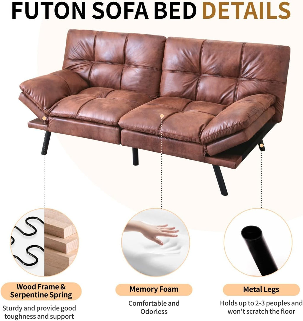 MUUEGM Convertible Memory Foam Sofa Bed with Adjustable Backrest & Armrest, Modern Futon Couch for Living Room, Office, Apartment, Space-Saving Design, Easy Assembly,Brown Leather