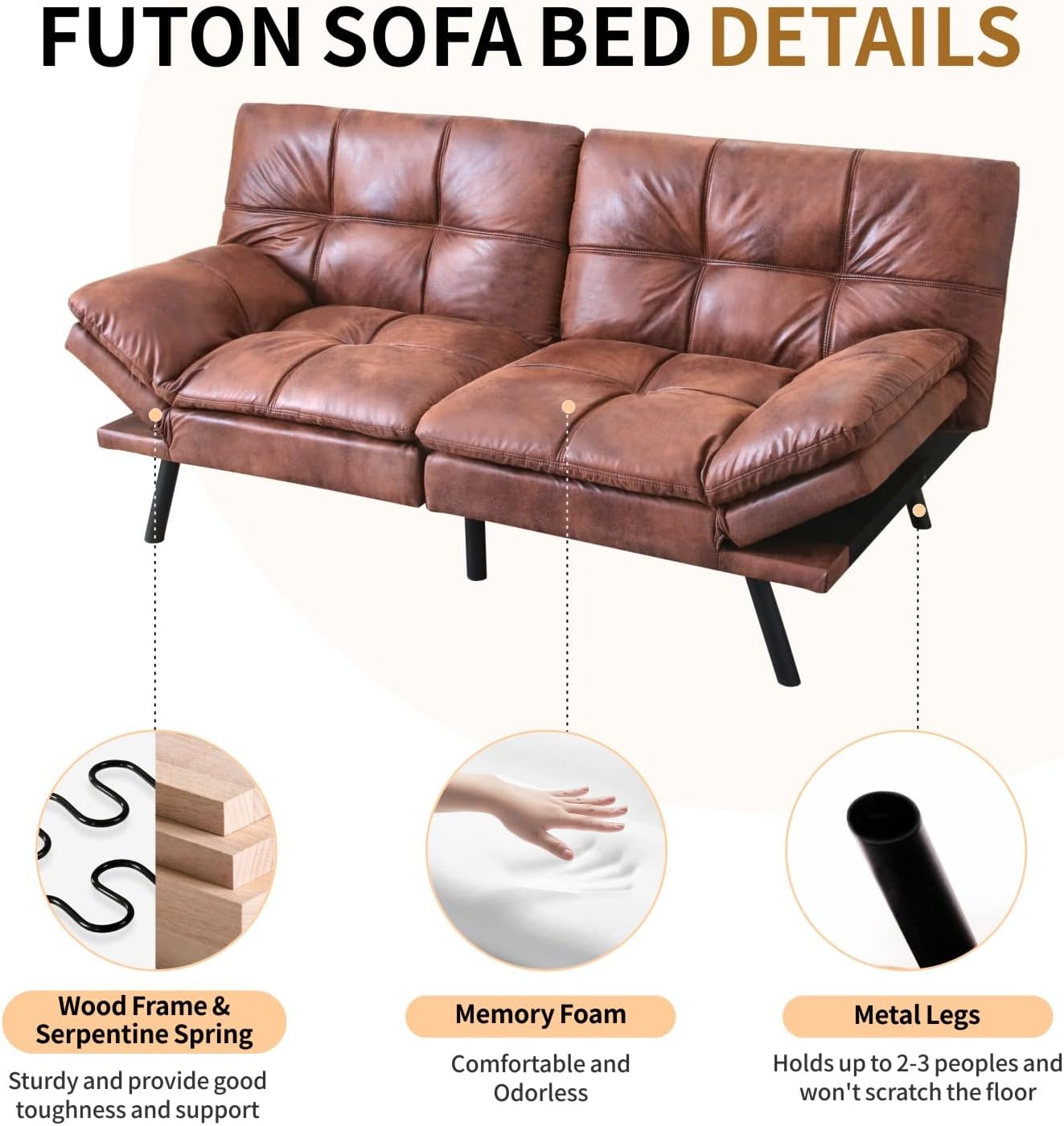 MUUEGM Convertible Memory Foam Sofa Bed with Adjustable Backrest & Armrest, Modern Futon Couch for Living Room, Office, Apartment, Space-Saving Design, Easy Assembly,Brown Leather