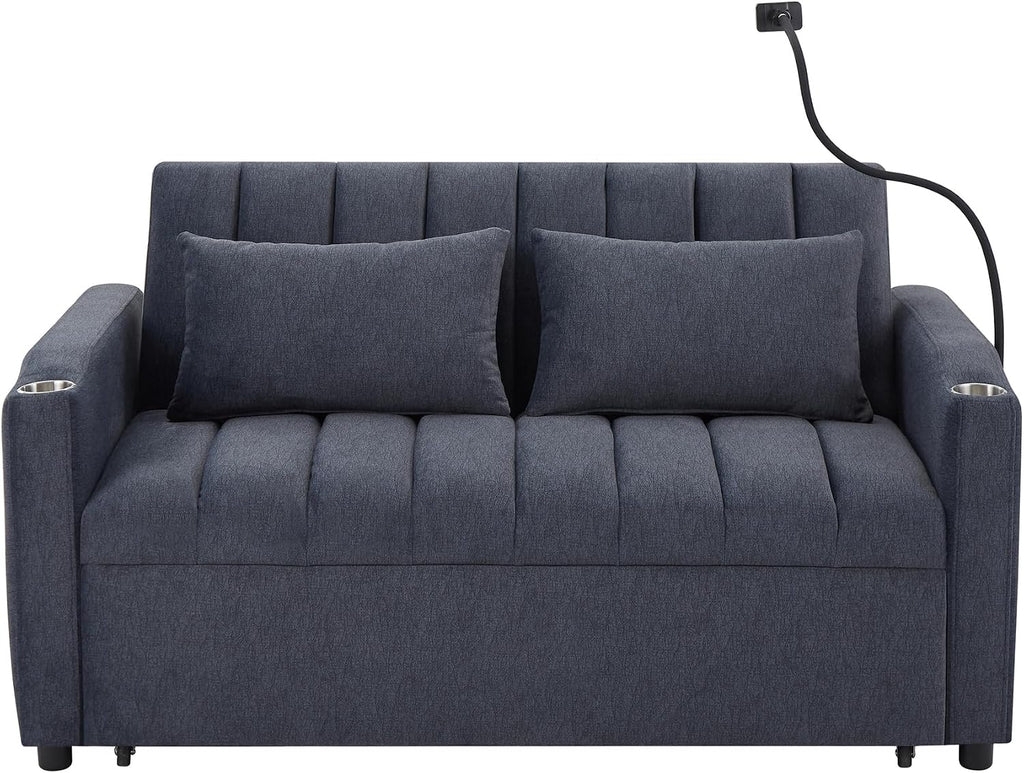 LUMISOL 3-in-1 Convertible Sleeper Sofa Bed, 55.9' Loveseat Pull Out Bed with USB Ports, Cup Holders, Swivel Stand & Storage Pockets, Modern Tufted Sofa Bed with Pillows, Blue Grey