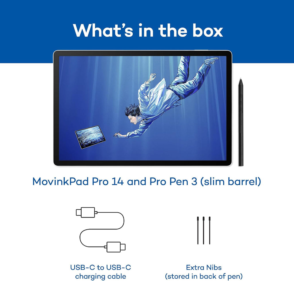 Wacom MovinkPad Pro 14, Android Mobile Drawing Tablet, 14' OLED No Computer Needed, Battery-Free Slim Pro Pen 3, 12GB RAM/256GB Storage, Anti-Glare Matte Screen, All-In-One Portable Digital Art Tablet