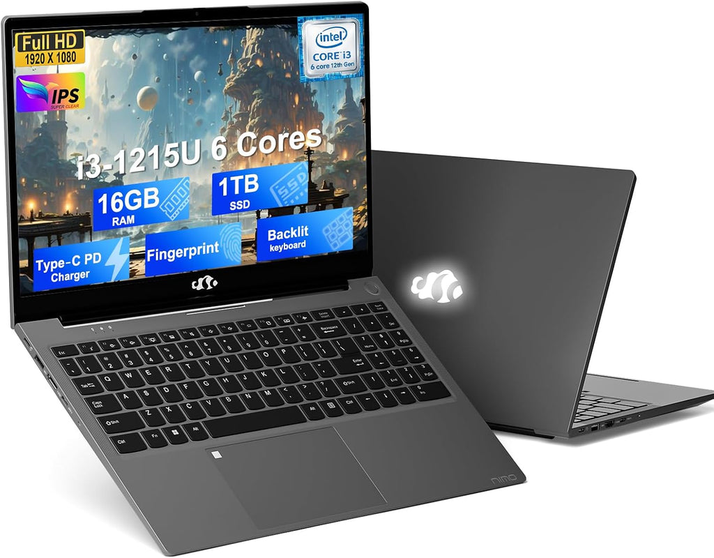 NIMO 15.6 FHD-IPS-Business-Laptop 16GB RAM 1TB SSD 12th Gen Intel Core i3-1215U (6-Cores Up to 4.4GHz Beat i5-1135G7) Fingerprint, Computer with Backlit Keyboard Wi-Fi 6 Win 11 Gray