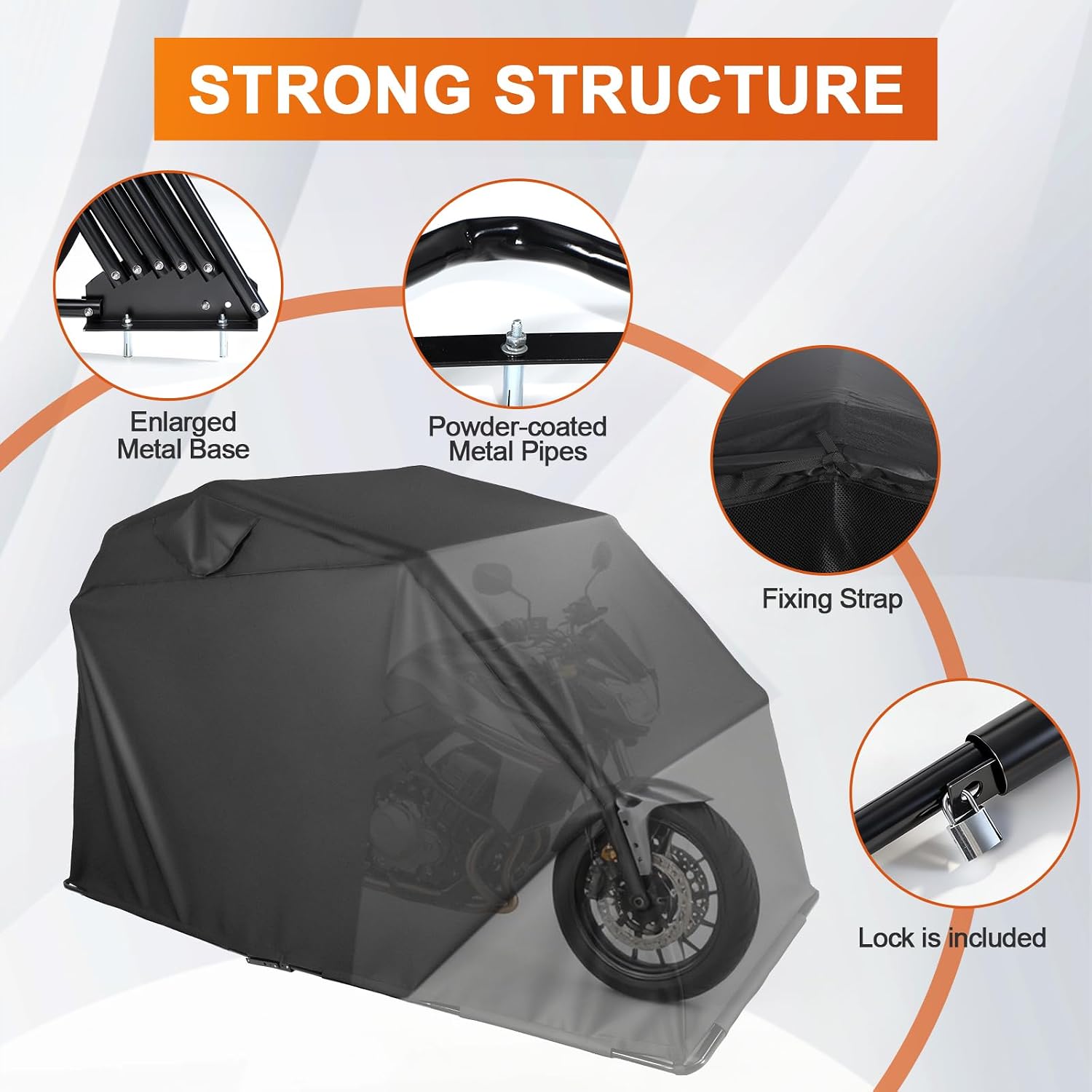 Motorcycle Cover Shelter Storage, 110' x 47' x 63', with Lock & Carry Bag, Heavy Duty 600D Oxford Vehicle Shed Cover Garage Tent with 2 Roll-Up Side Windows - Black