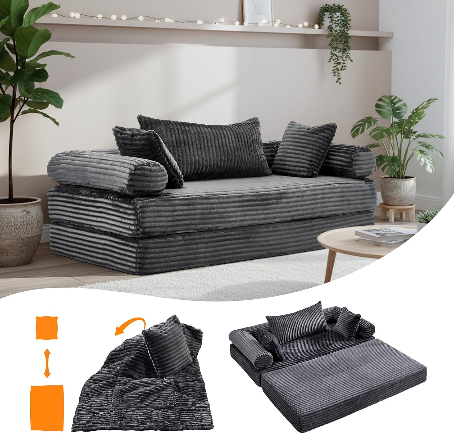 VINGLI Convertible Futon Sofa Bed, Upholstered Corduroy Boneless Couch King Size Floor Loveseat Sleeper Sofa with 2-in-1 Throw Pillow & Blanket Couches for Living Room, Bedroom, Lounge, Dark Gray