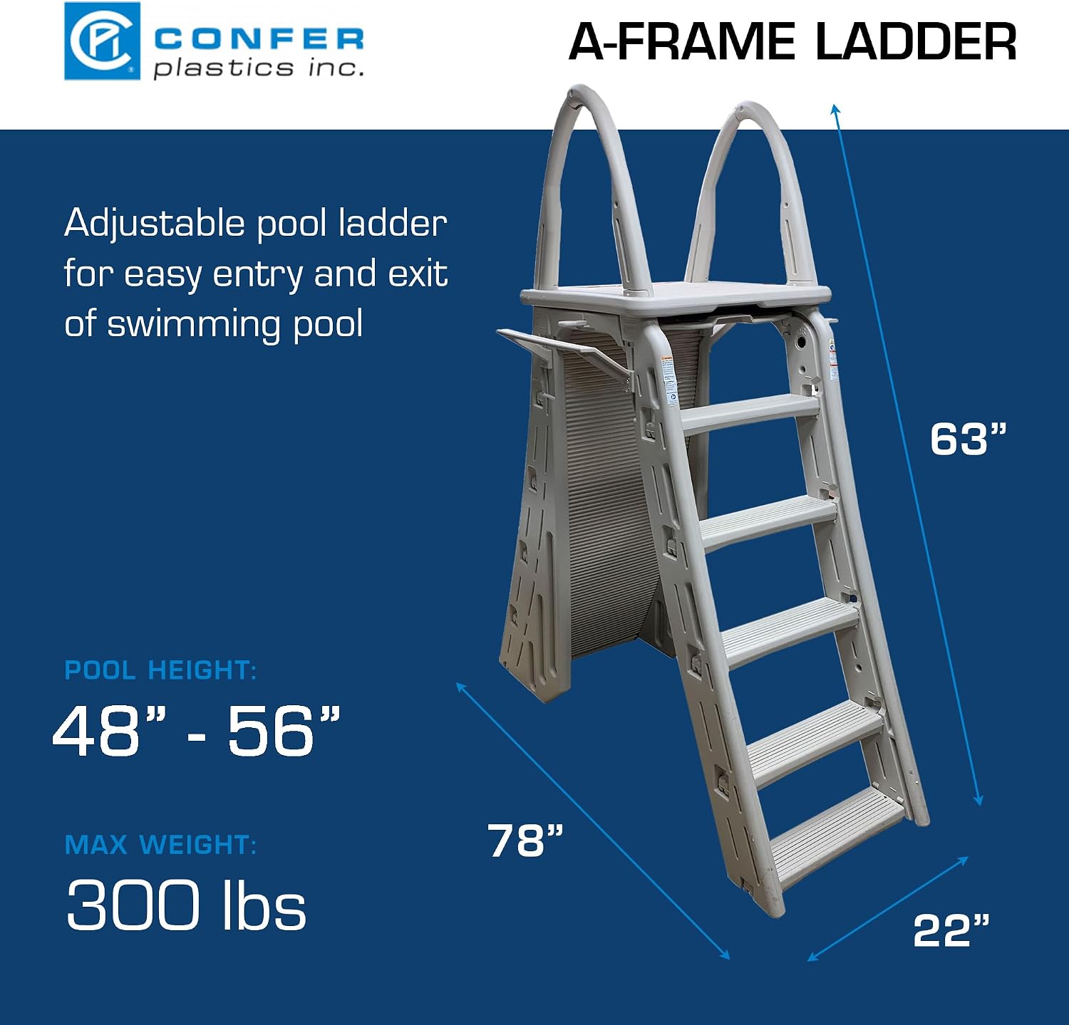 Confer Plastics 7200 Roll Guard 48' to 56' Adjustable A Frame Safety Ladder for Above Ground Outdoor Patio Swimming Pool Platform Ladder with Step Barrier, Warm Grey…