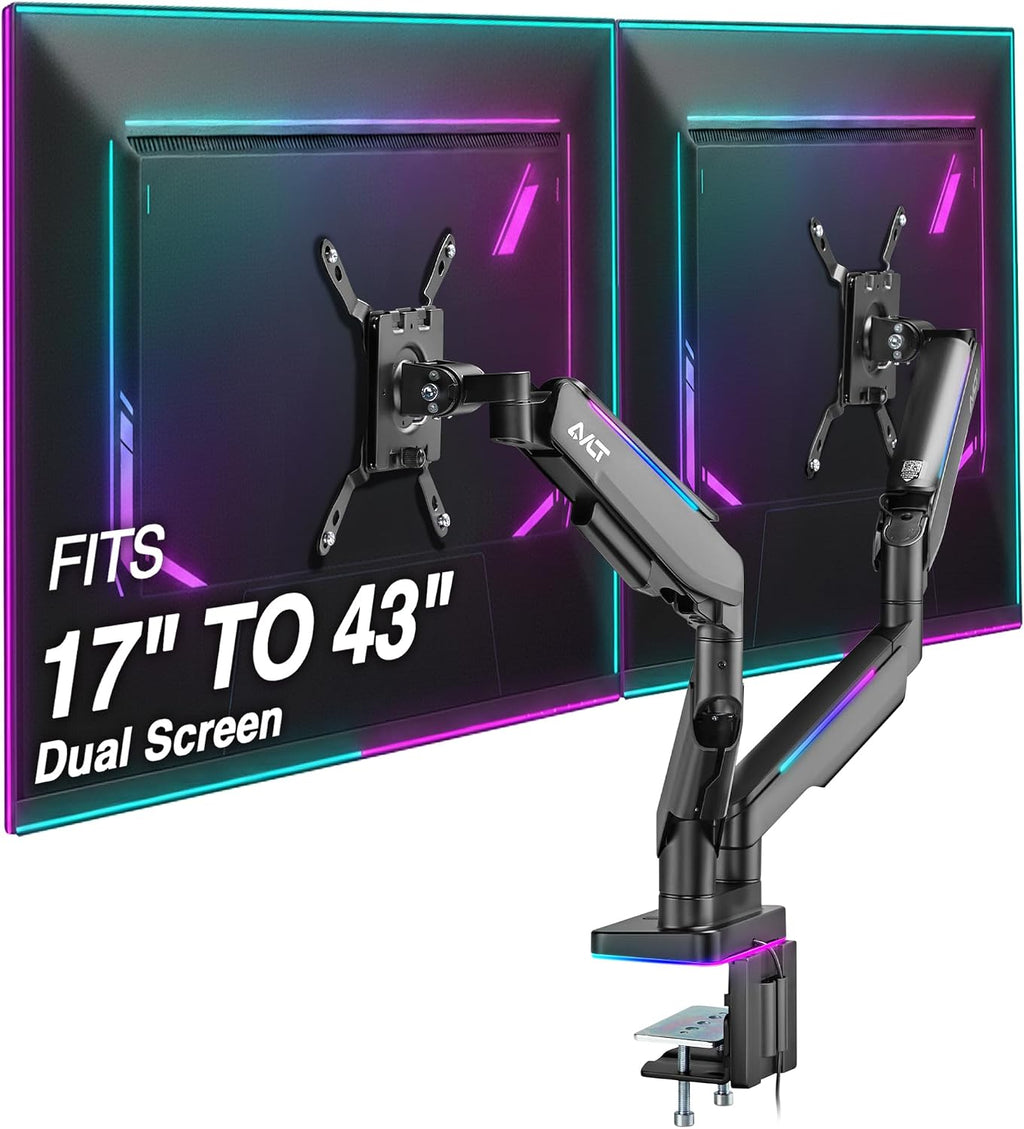 AVLT RGB Lights Dual 17'-43' Gaming Monitor Arm Desk Mount, Fits Two Flat/Curved/Ultrawide Screen up to 44lbs(20kg), Height Swivel Tilt Adjustable Stand - Black