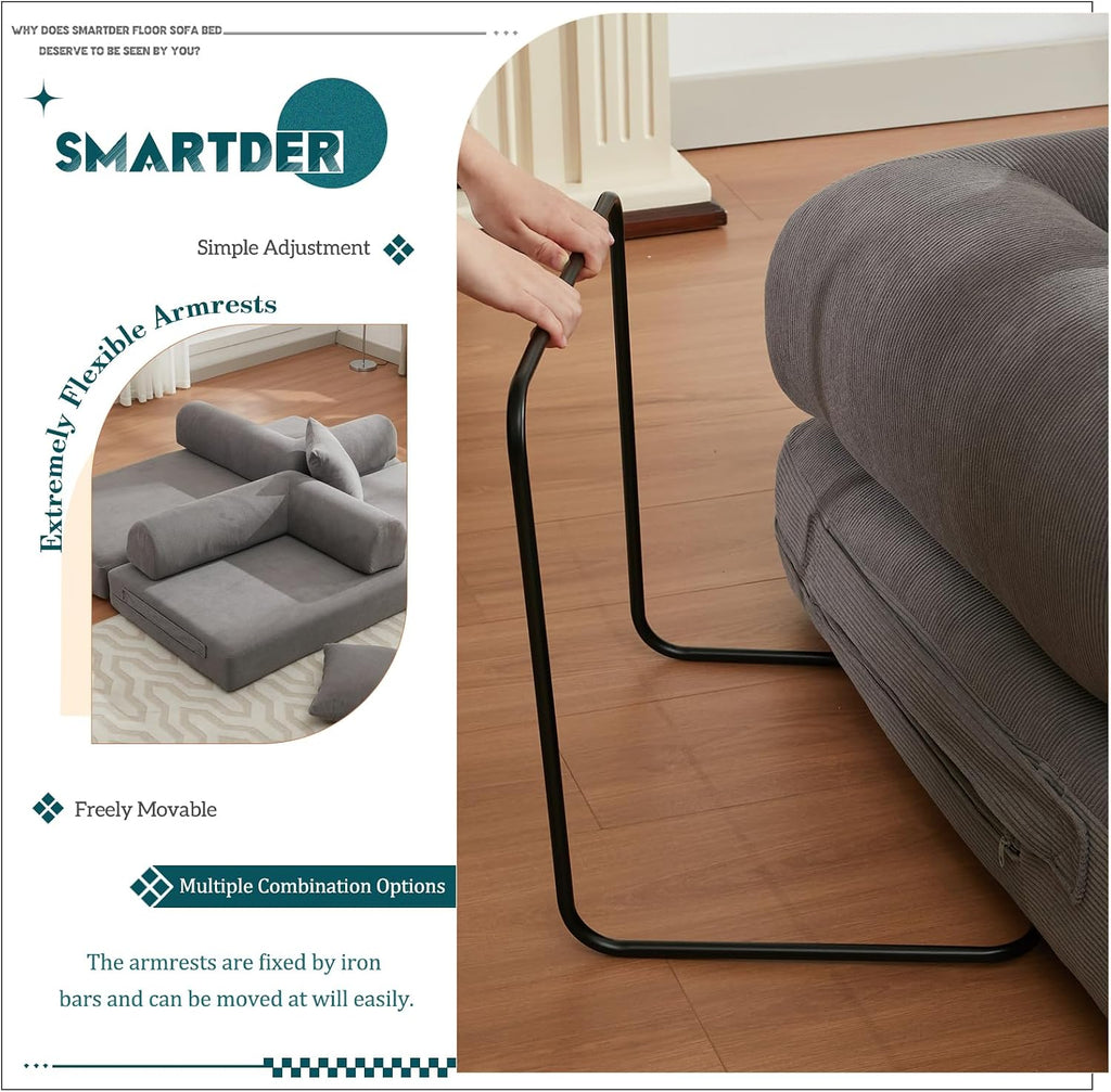 Convertible Folding Sofa Bed, Modular Floor Sofa with Removable Backrest, 3-Seater Fold Out Couch Bed with Pillows, King Size Futon Lazy Couch Corduroy Sleeper for Living Room, Dorm, Grey