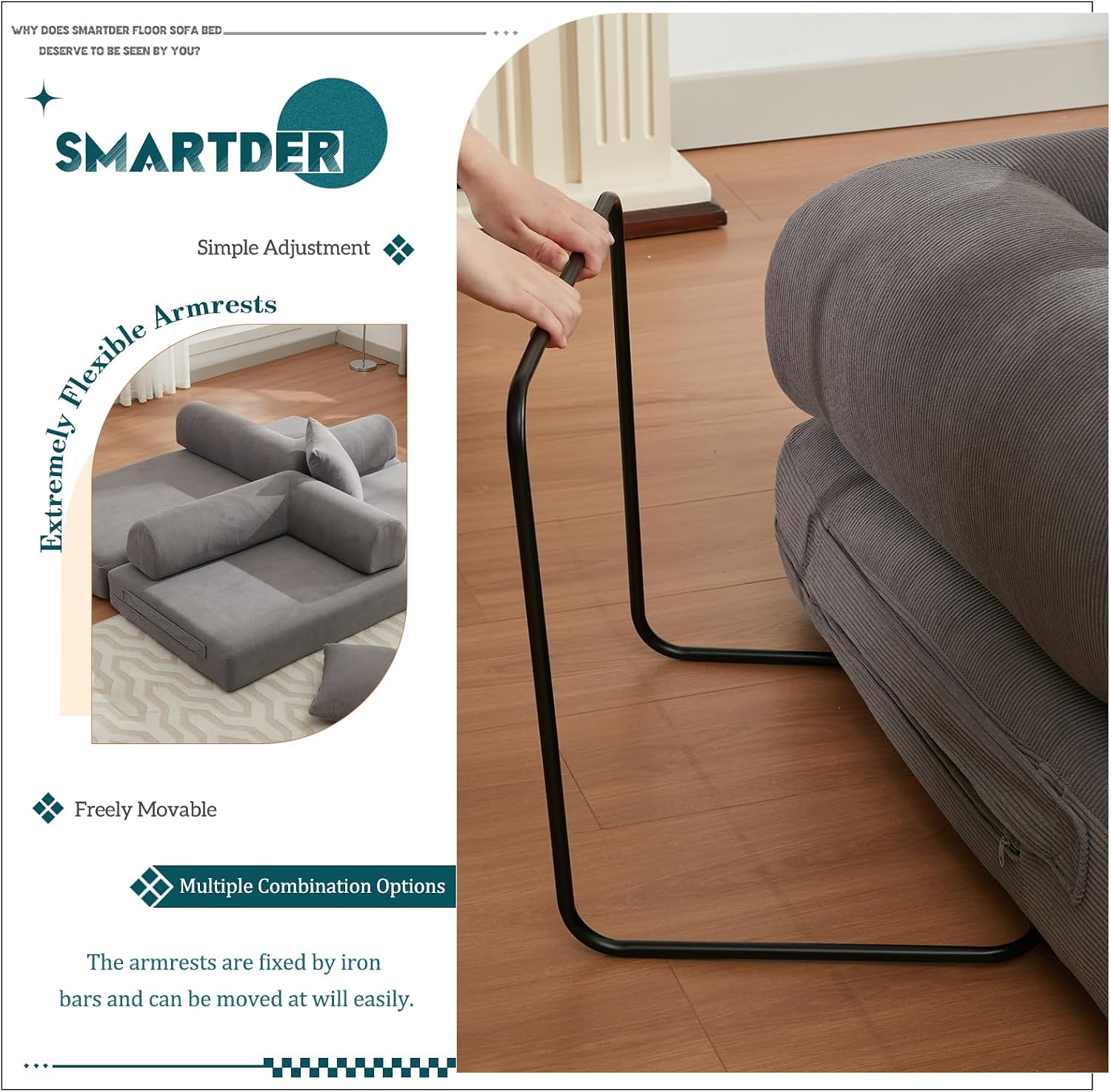 Convertible Folding Sofa Bed, Modular Floor Sofa with Removable Backrest, 3-Seater Fold Out Couch Bed with Pillows, King Size Futon Lazy Couch Corduroy Sleeper for Living Room, Dorm, Grey