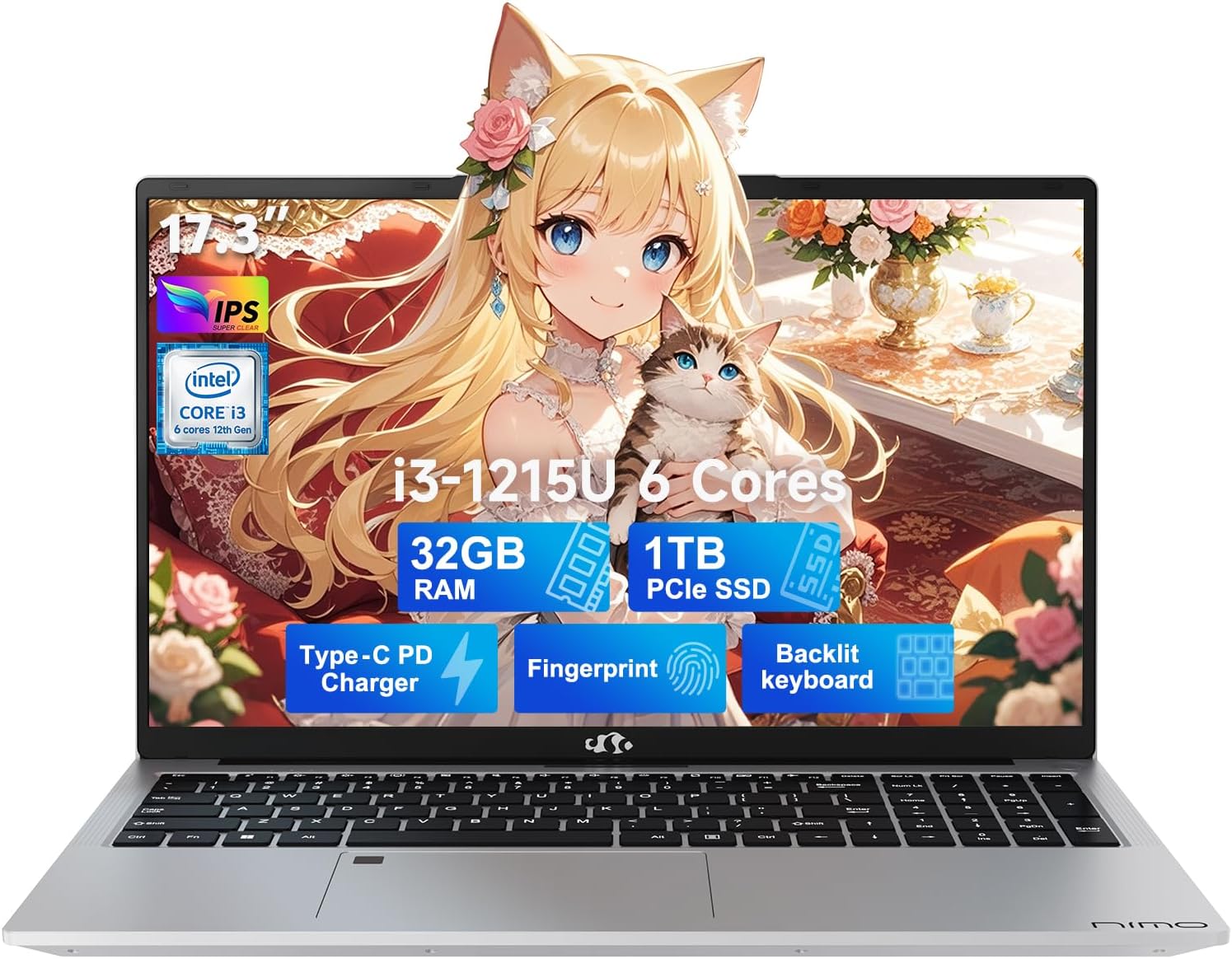 NIMO 17.3' IPS FHD-Business-Laptop, 6 Cores i3-1215U 32GB RAM 1TB SSD (Beat i5-1135G7 Up to 4.4GHz) Computer with 65W Type C Fingerprint Backlit Keyboard Wi-Fi 6 Numpad Win 11