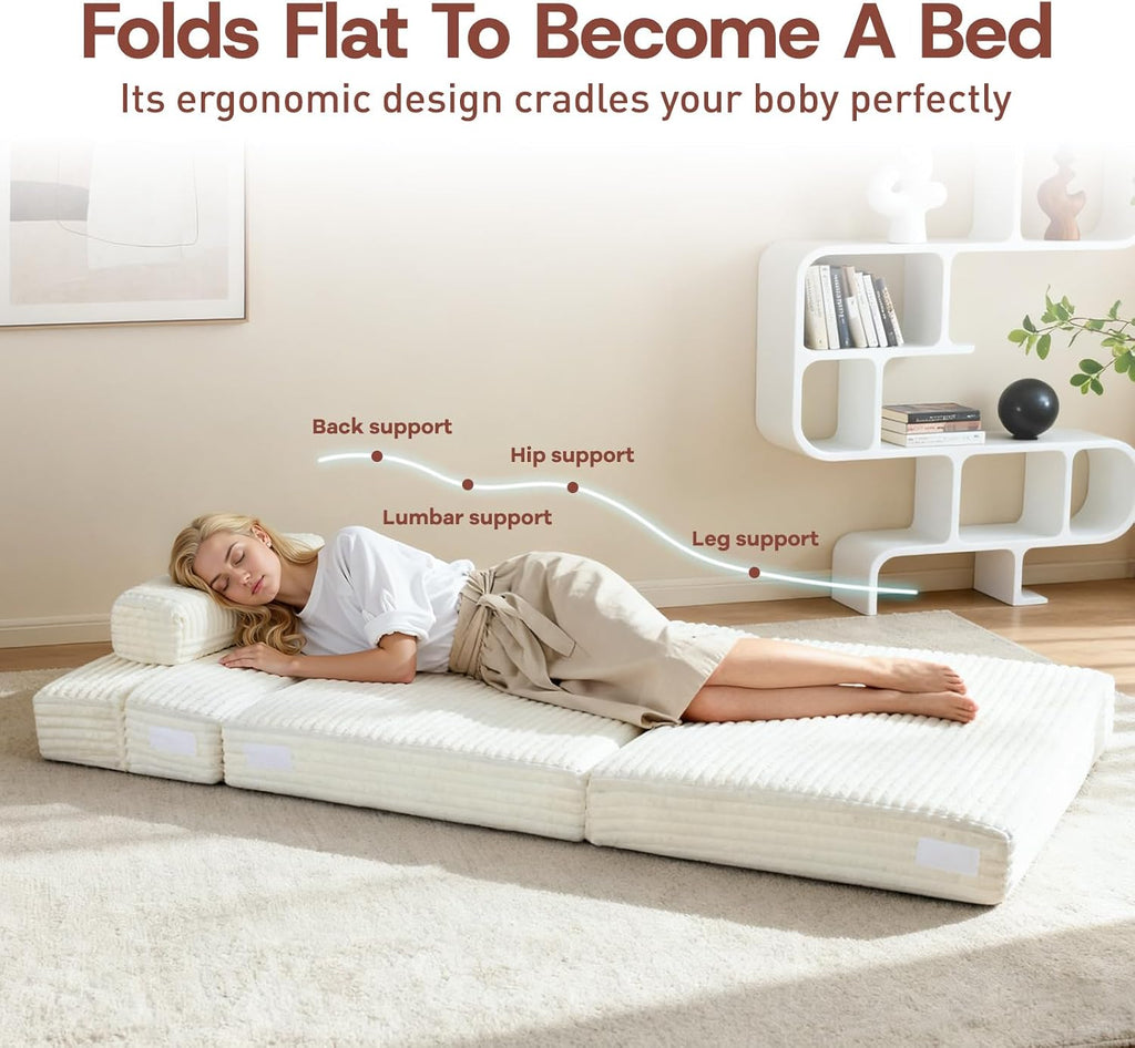 YEPDIN Folding Sofa Bed,Convertible Sofa Bed with Armrest Foldable Sleeper Chair, Portable Folding 4-in-1 Floor Sofa with Convertible Lounge Chair for Living Room,Bedroom,Washable Cover,White Single